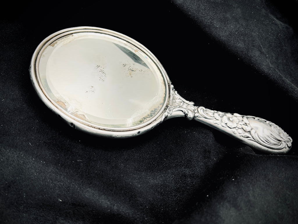 Antique Sterling Silver Handheld Mirror with Ornate Floral Design