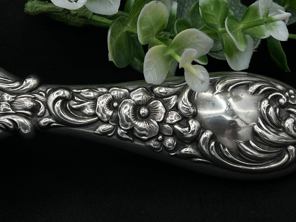 Antique Sterling Silver Handheld Mirror with Ornate Floral Design