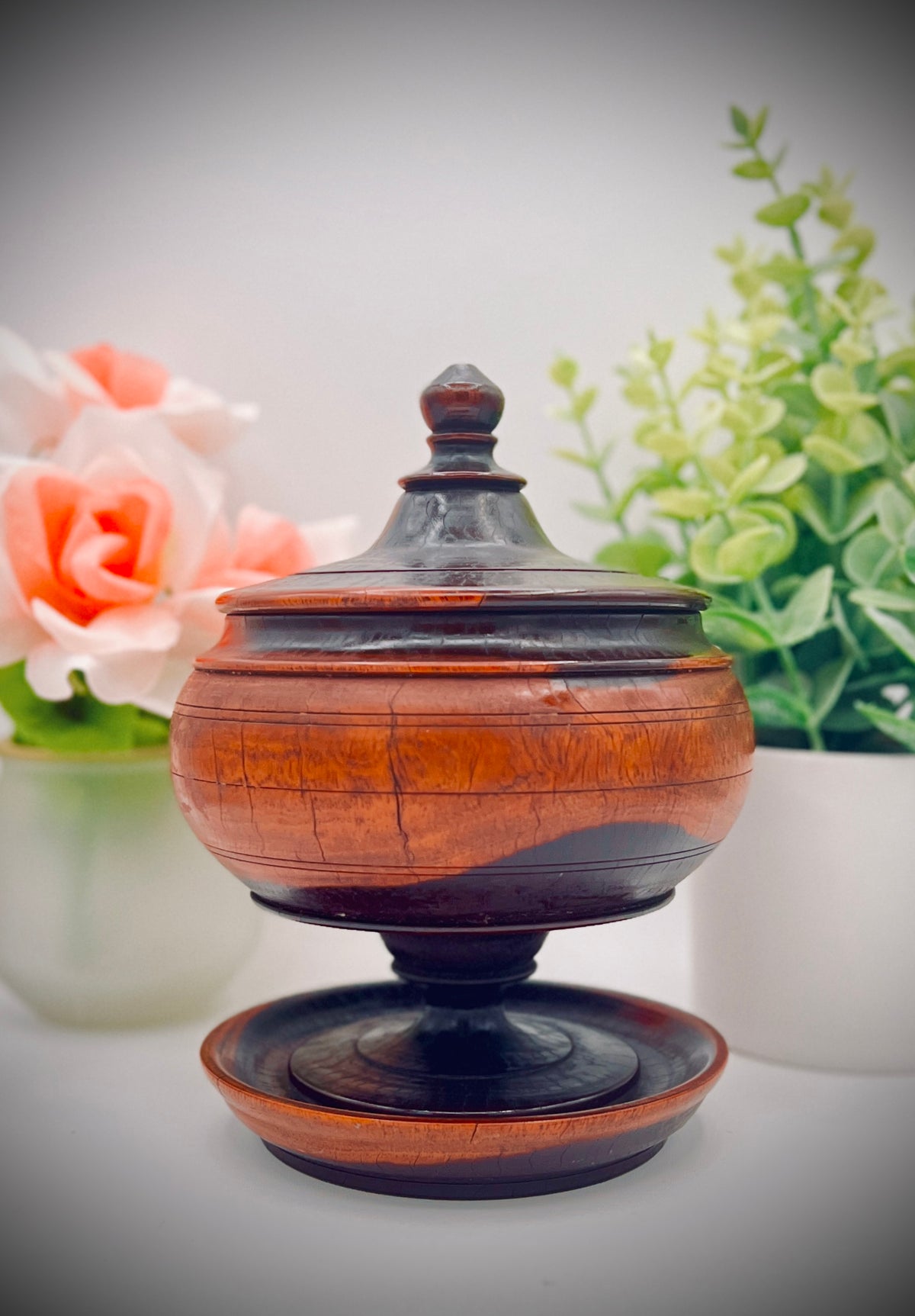 Antique Treenware Wood Lidded Pedestal Bowl
