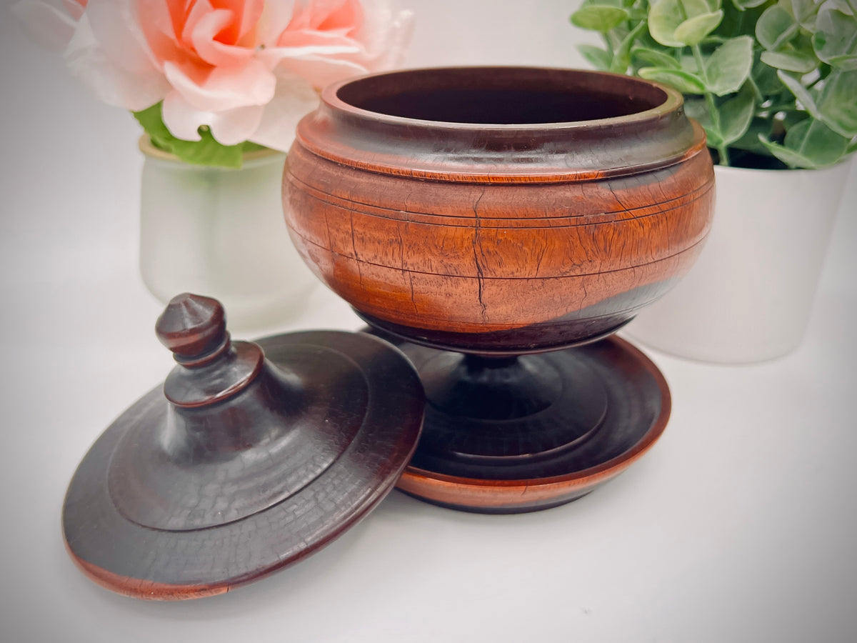 Antique Treenware Wood Lidded Pedestal Bowl