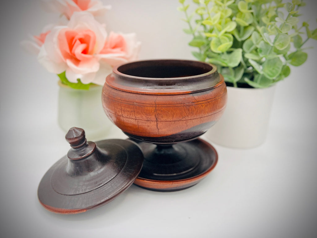 Antique Treenware Wood Lidded Pedestal Bowl