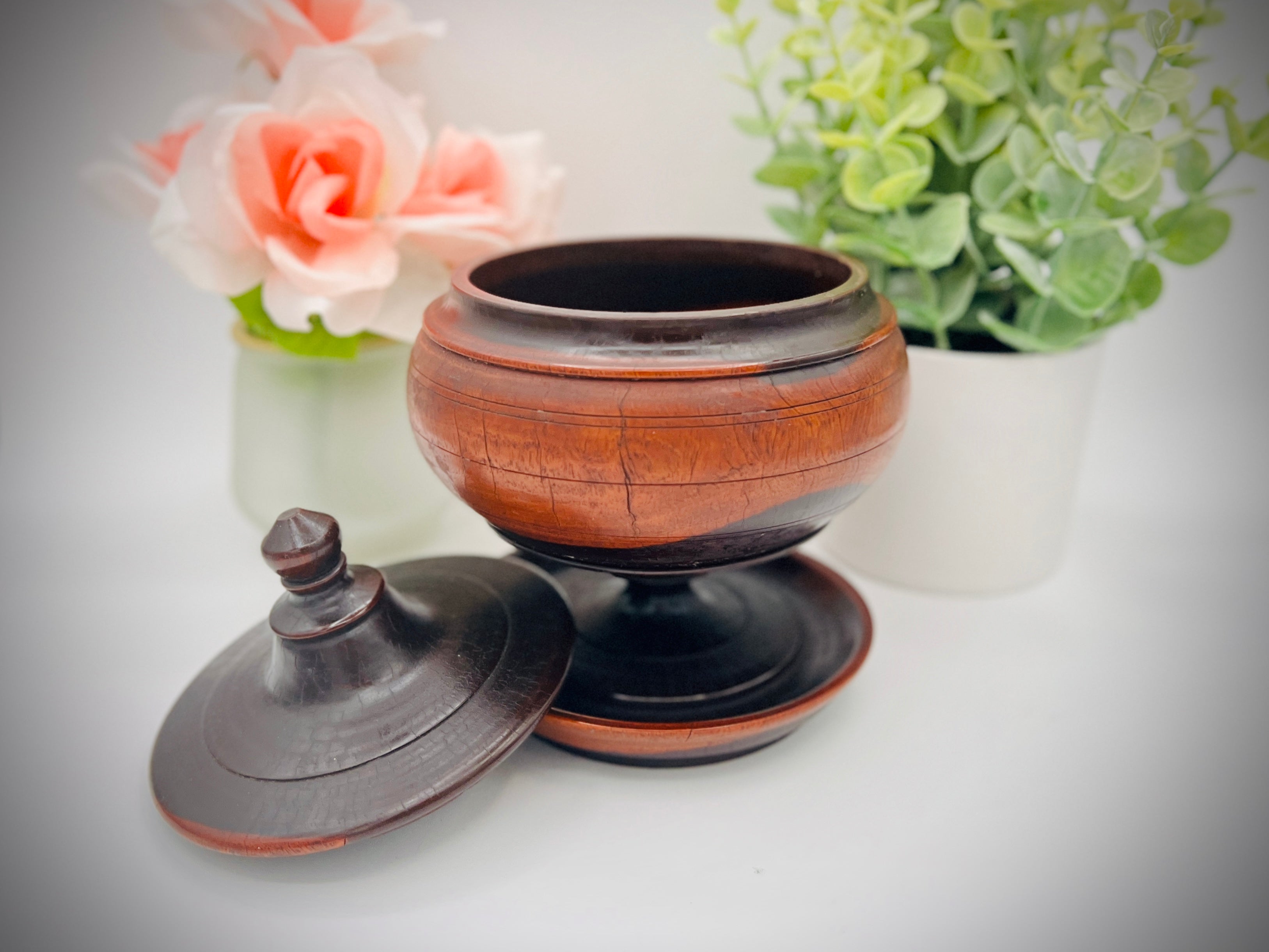 Antique Treenware Wood Lidded Pedestal Bowl