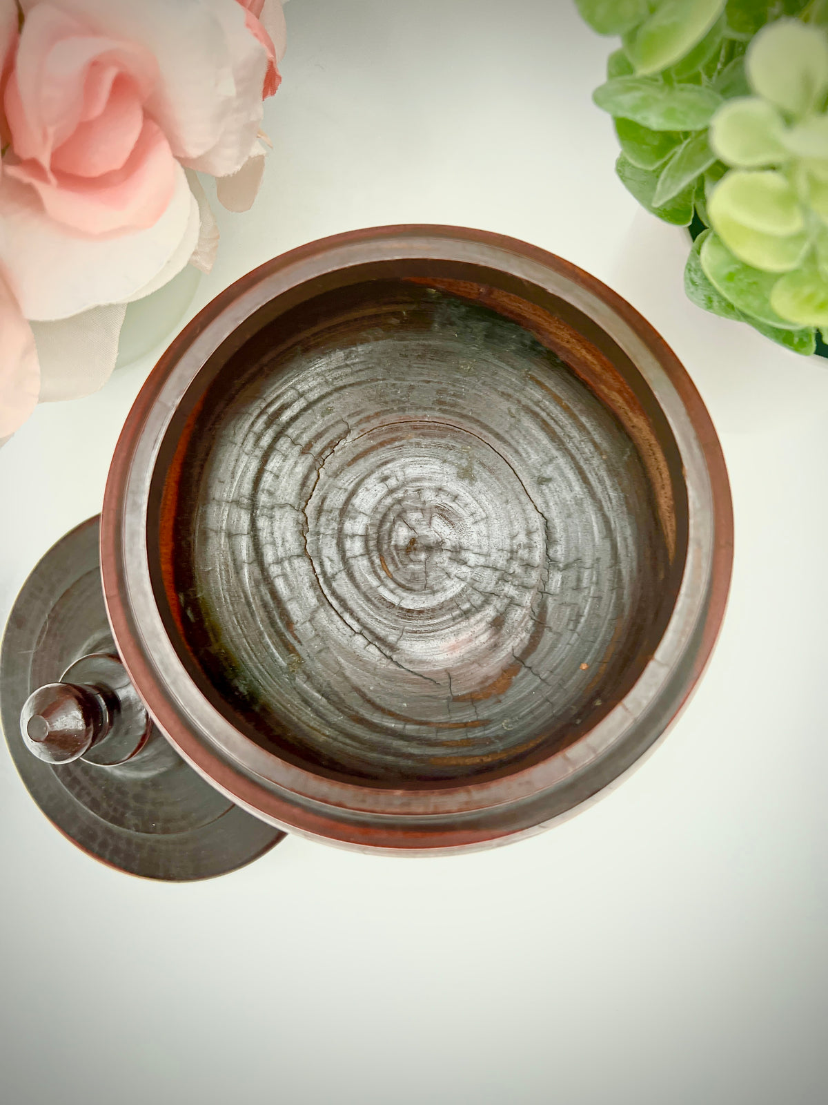 Antique Treenware Wood Lidded Pedestal Bowl