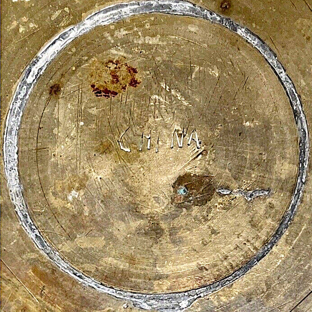 Antique Chinese hand-engraved brass plate featuring a celestial dragon and plum blossom border. - Photo 3