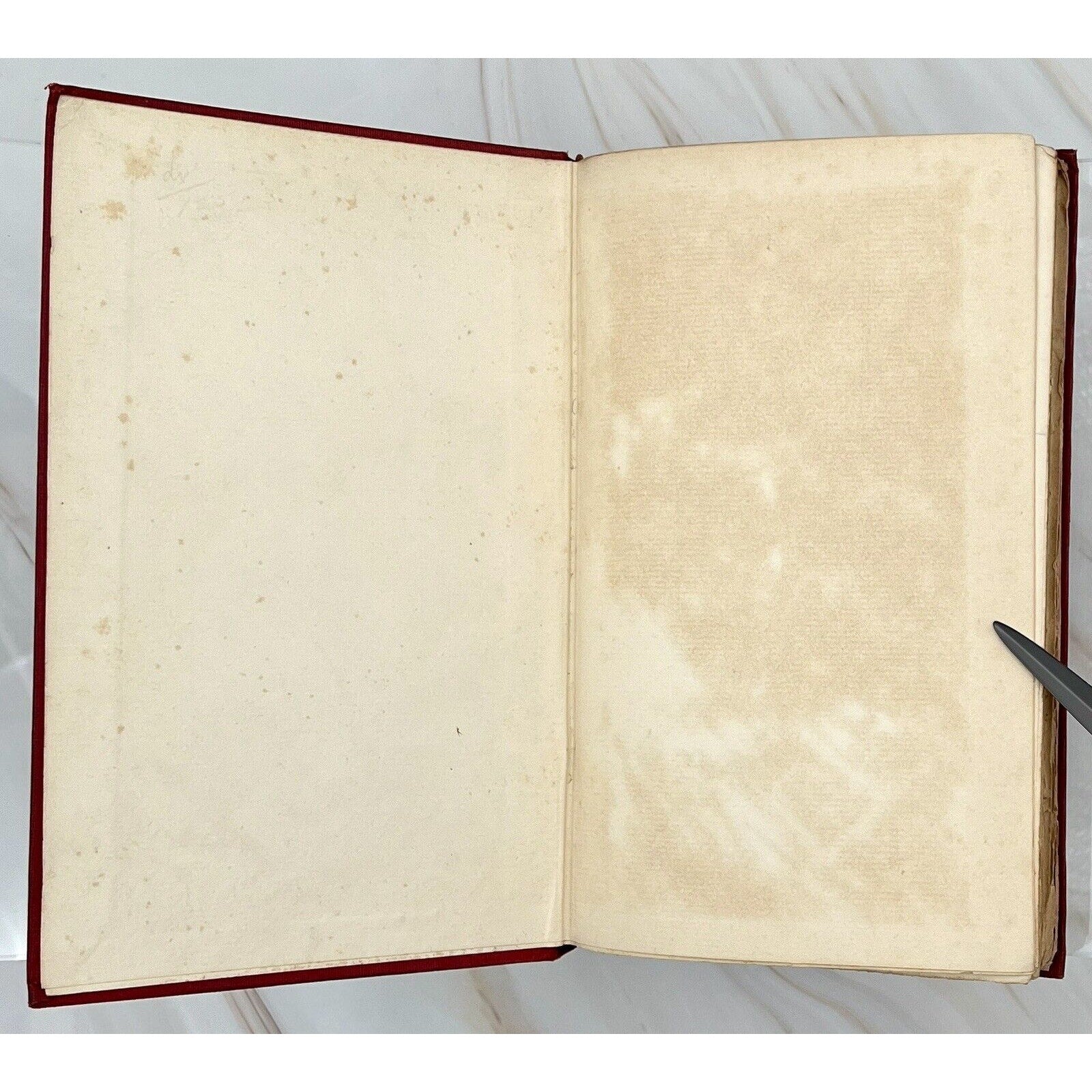 Open red-bound antique book with blank endpapers; vintage hardcover Gothic horror.