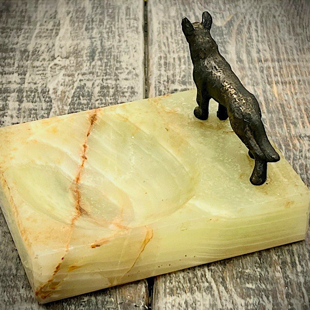 An Art Deco green onyx trinket dish featuring a detailed dark patinated metal figurine of a standing German Shepherd dog mounted on the corner of the polished translucent green stone base. - Photo 7