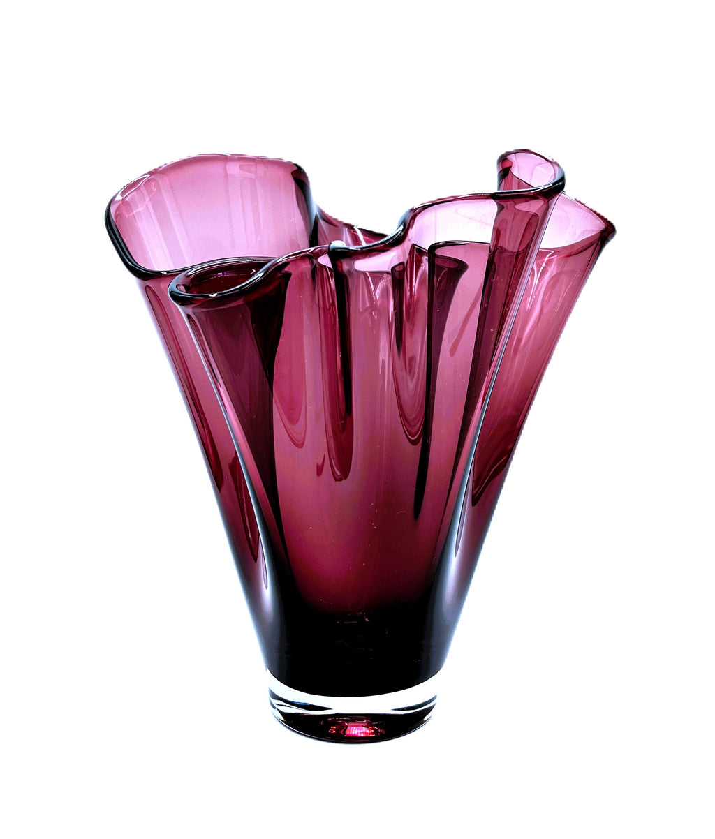 Authentic Murano Glass Fazzoletto Handkerchief Vase Cranberry Pink / Deep Purple
