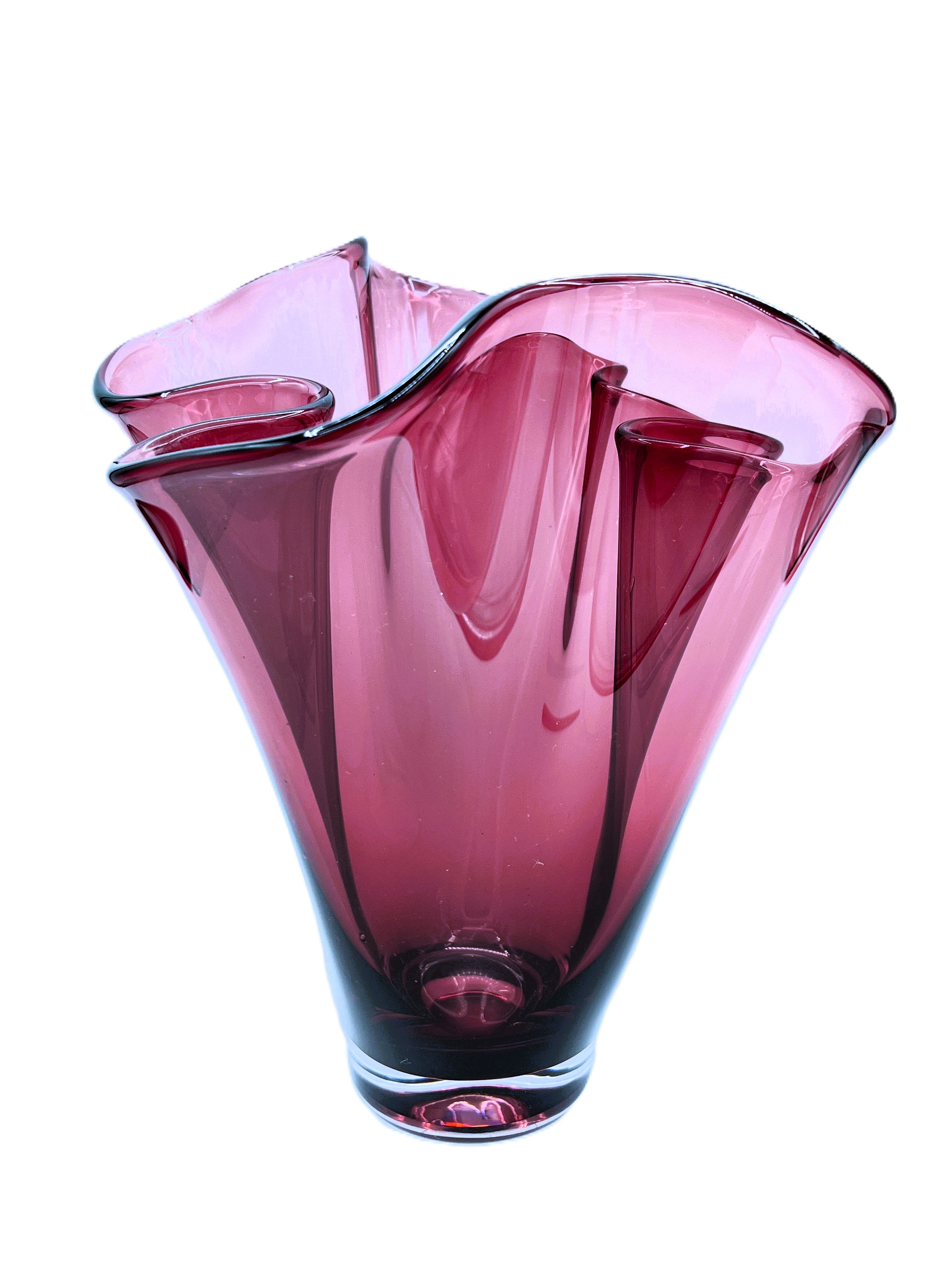 Authentic Murano Glass Fazzoletto Handkerchief Vase Cranberry Pink / Deep Purple