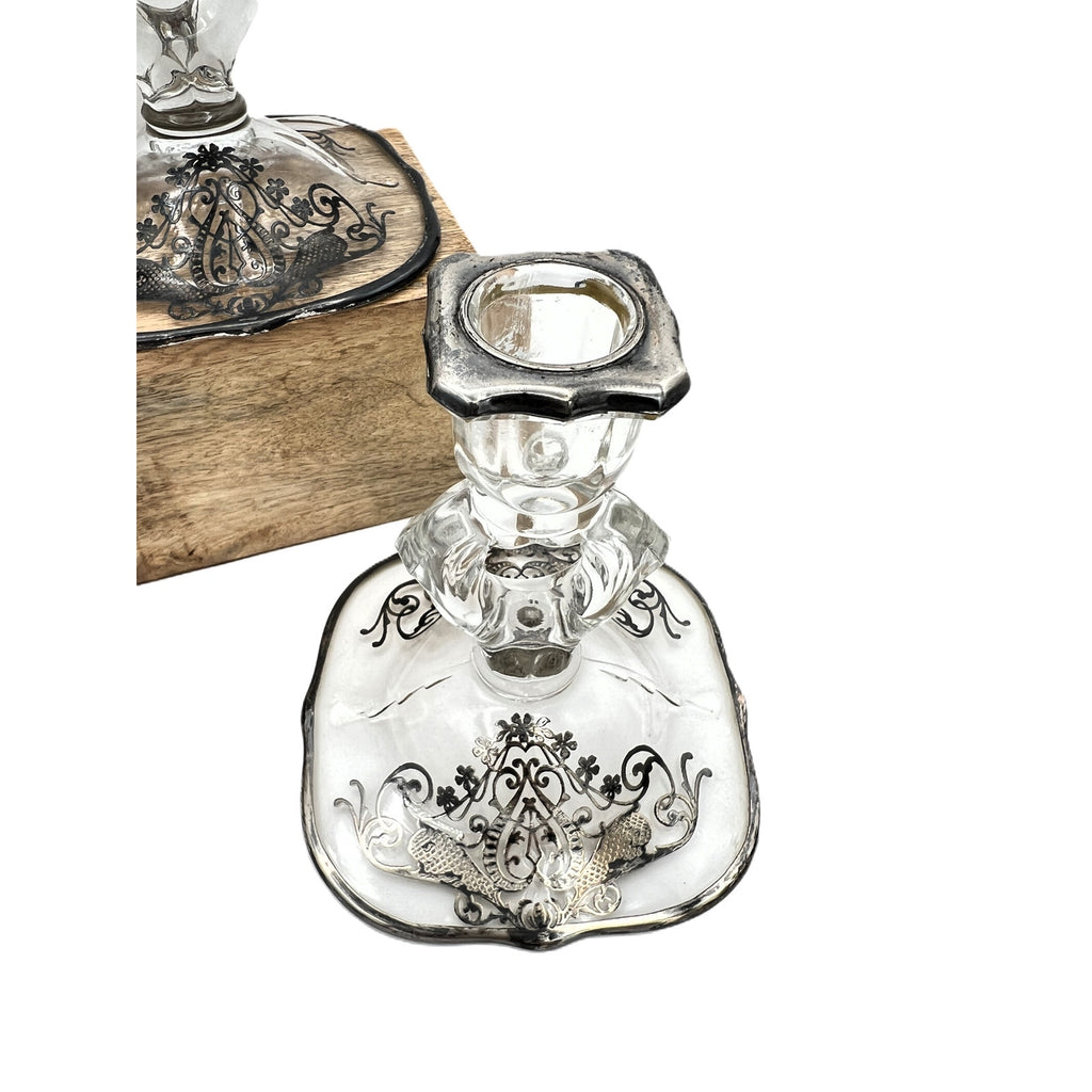 Vintage Cambridge Keyhole Silver Overlay Glass Candlestick