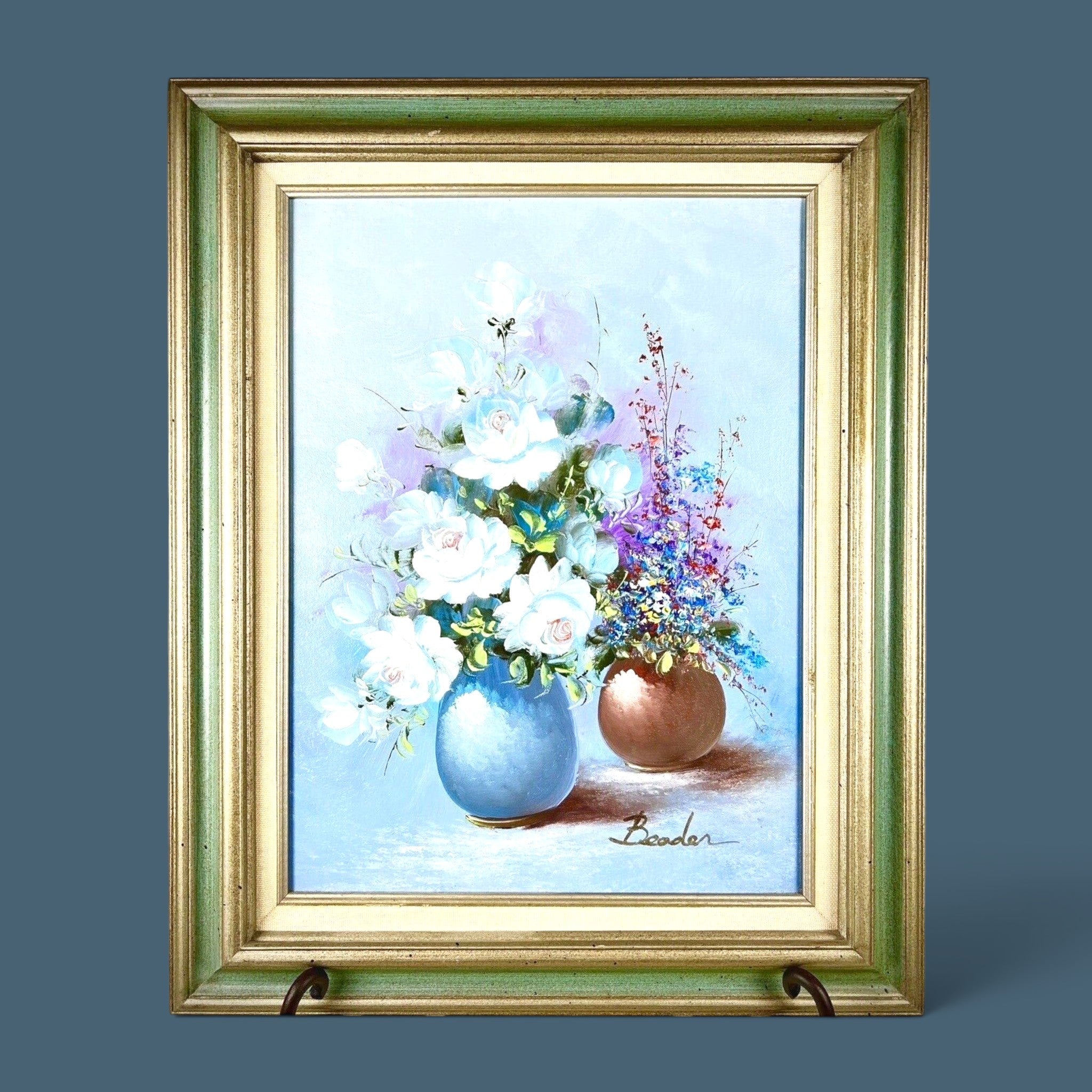 A vintage original oil on canvas painting featuring a scenic landscape composition, beautifully showcased in its original rustic, deeply carved dark wood frame. - Photo 1