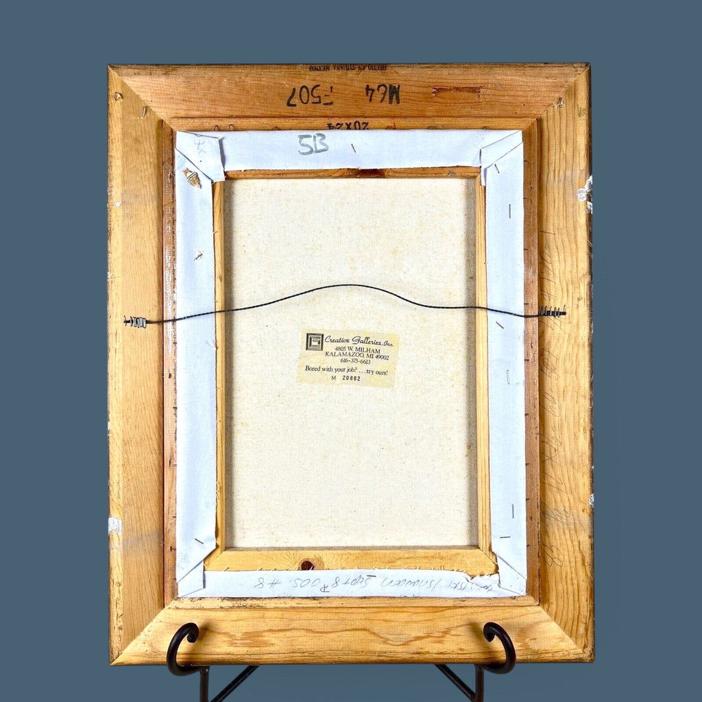 A vintage original oil on canvas painting featuring a scenic landscape composition, beautifully showcased in its original rustic, deeply carved dark wood frame. - Photo 7