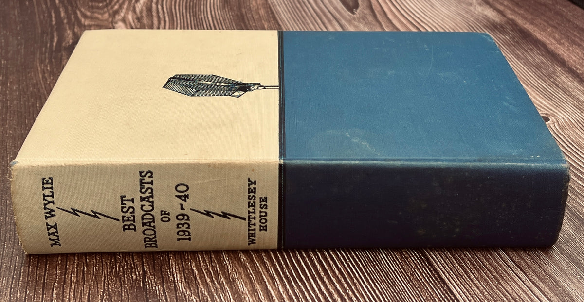 Hardcover book Best Broadcasts of 1939-40 featuring a two-tone cloth binding with an off-white upper half depicting a black line art radio microphone above a solid navy blue lower cloth cover. - Photo 3