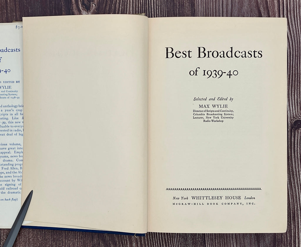 Hardcover book Best Broadcasts of 1939-40 featuring a two-tone cloth binding with an off-white upper half depicting a black line art radio microphone above a solid navy blue lower cloth cover. - Photo 5