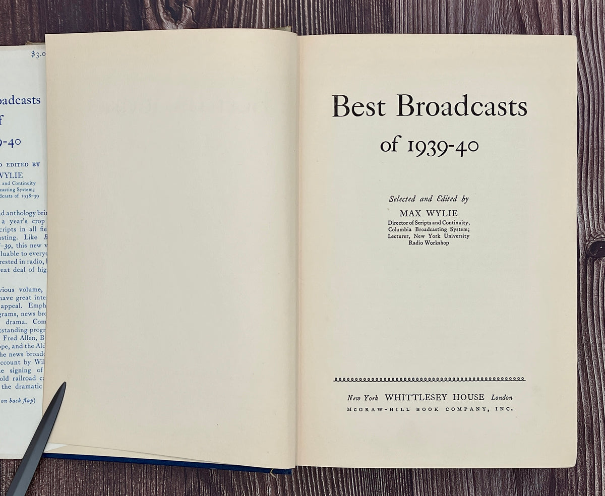 Hardcover book Best Broadcasts of 1939-40 featuring a two-tone cloth binding with an off-white upper half depicting a black line art radio microphone above a solid navy blue lower cloth cover. - Photo 5