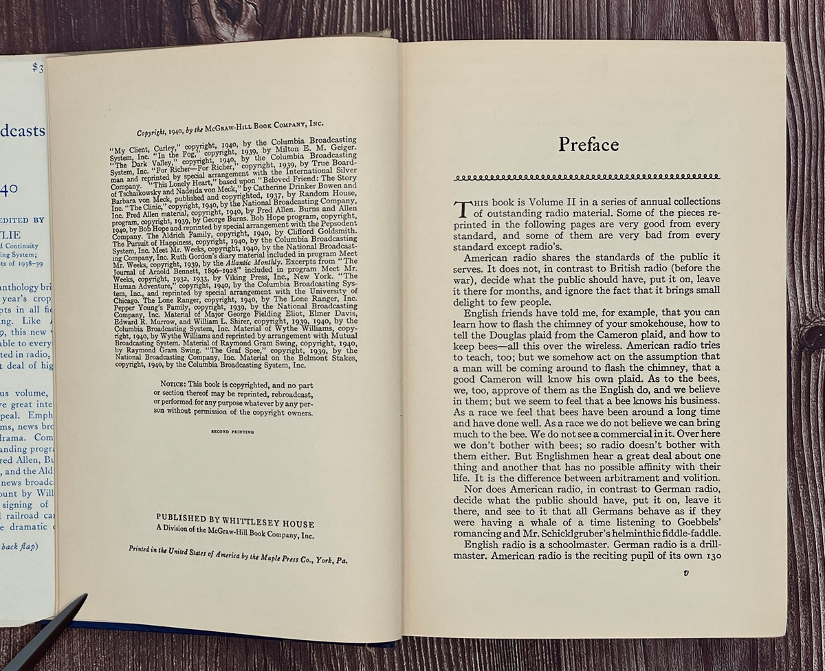 Hardcover book Best Broadcasts of 1939-40 featuring a two-tone cloth binding with an off-white upper half depicting a black line art radio microphone above a solid navy blue lower cloth cover. - Photo 6