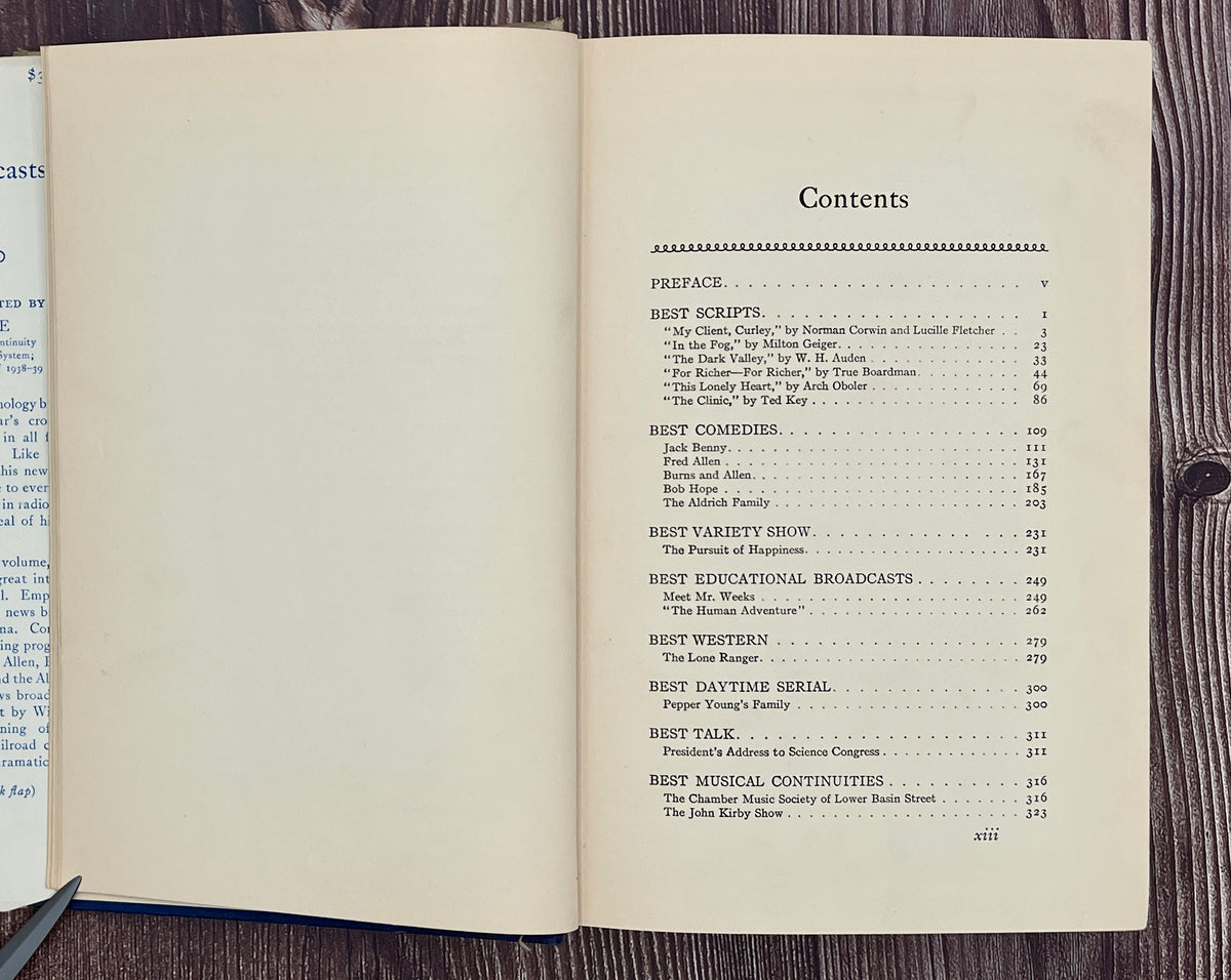 Hardcover book Best Broadcasts of 1939-40 featuring a two-tone cloth binding with an off-white upper half depicting a black line art radio microphone above a solid navy blue lower cloth cover. - Photo 7