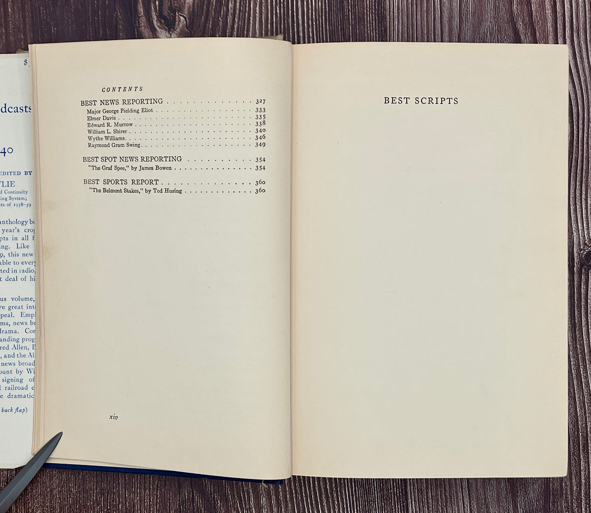 Hardcover book Best Broadcasts of 1939-40 featuring a two-tone cloth binding with an off-white upper half depicting a black line art radio microphone above a solid navy blue lower cloth cover. - Photo 8