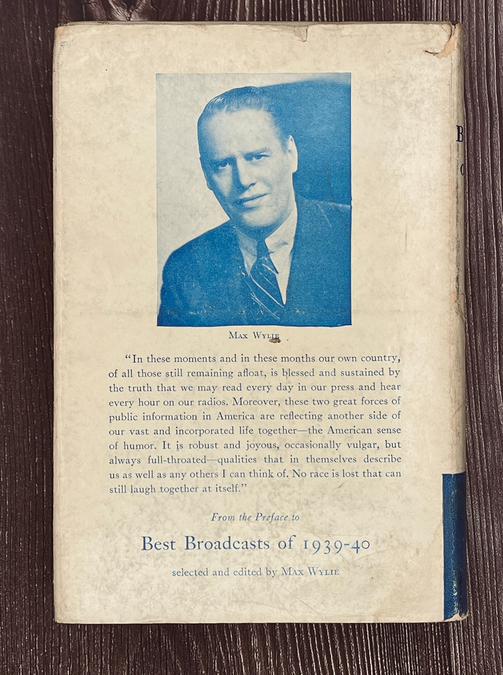 Hardcover book Best Broadcasts of 1939-40 featuring a two-tone cloth binding with an off-white upper half depicting a black line art radio microphone above a solid navy blue lower cloth cover. - Photo 9