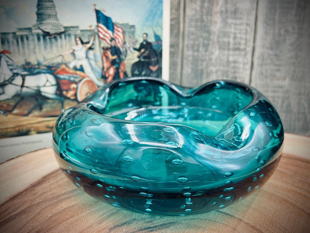 Blenko 1950s Aqua Blue Bullicante Glass Cigar Ashtray