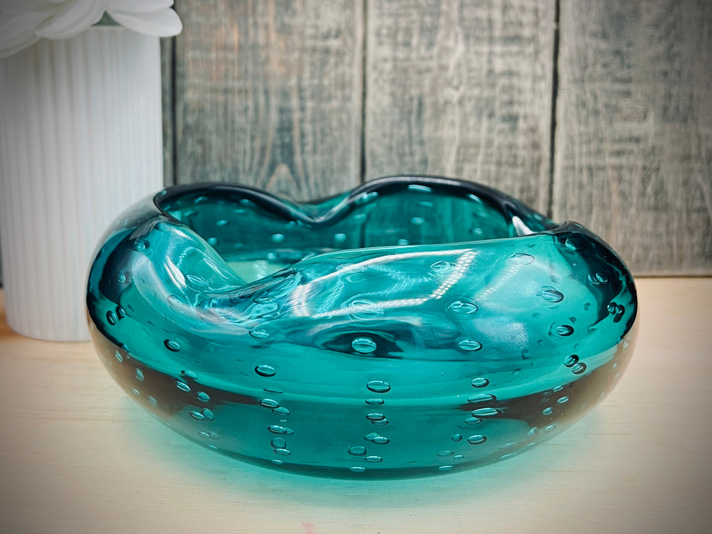 Blenko 1950s Aqua Blue Bullicante Glass Cigar Ashtray