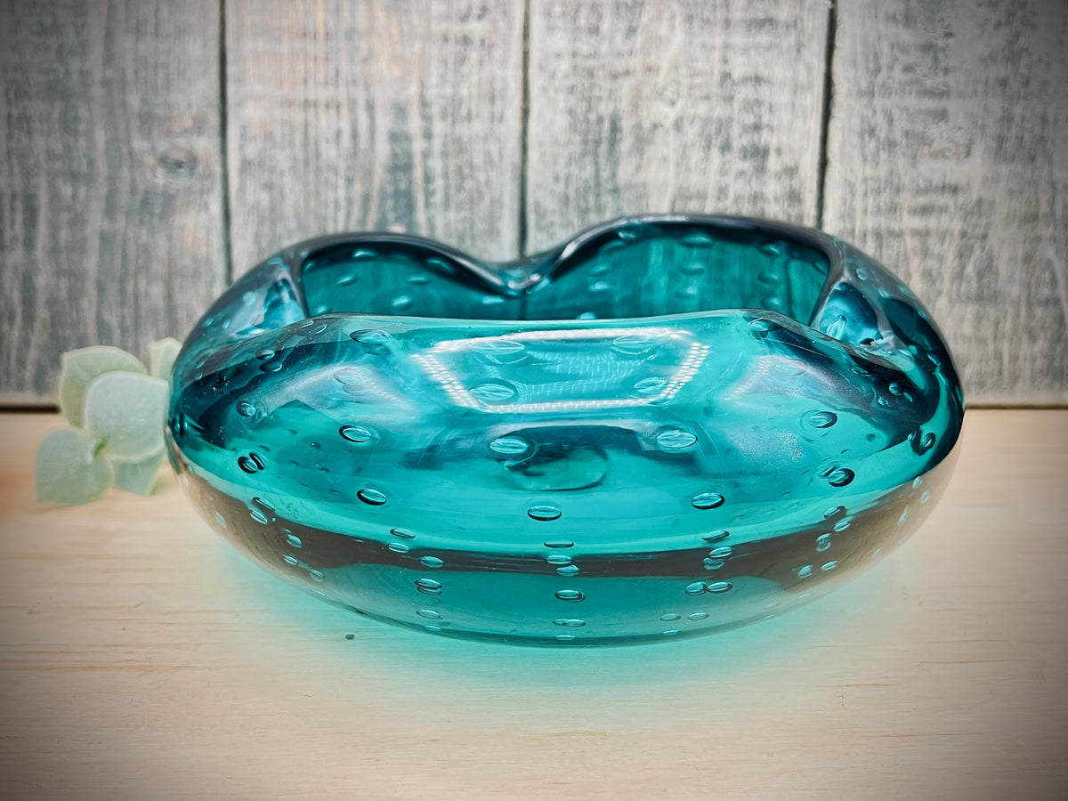 Blenko 1950s Aqua Blue Bullicante Glass Cigar Ashtray