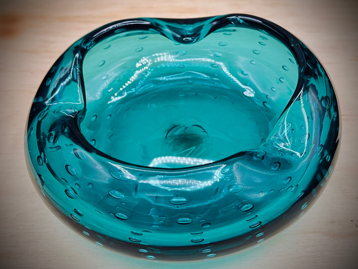 Blenko 1950s Aqua Blue Bullicante Glass Cigar Ashtray
