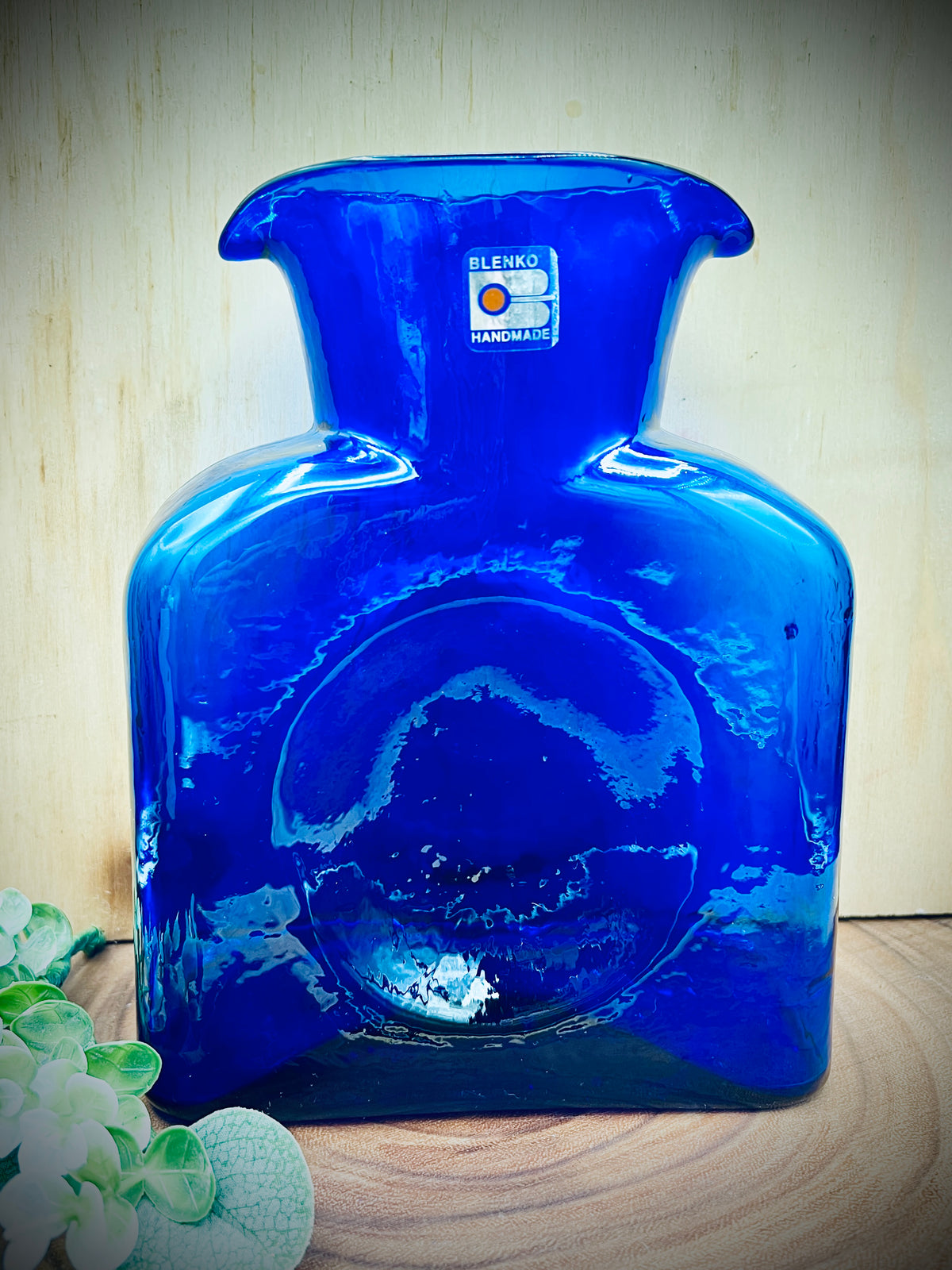 Blenko Cobalt Blue Glass 8" Double Spout Vintage 384 Water Bottle