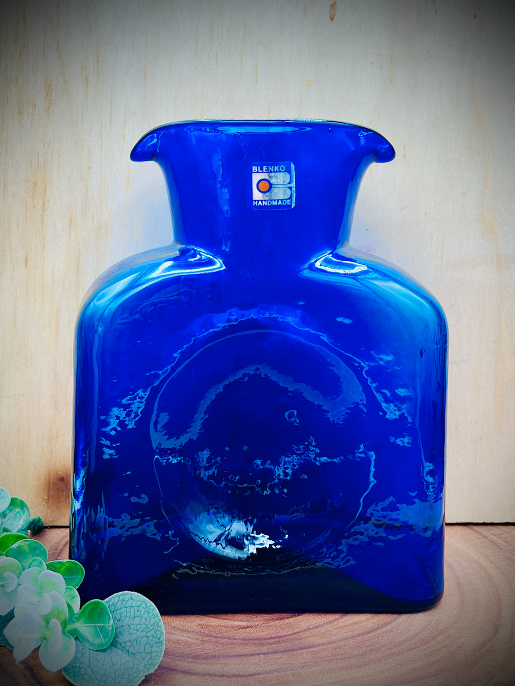 Blenko Cobalt Blue Glass 8" Double Spout Vintage 384 Water Bottle
