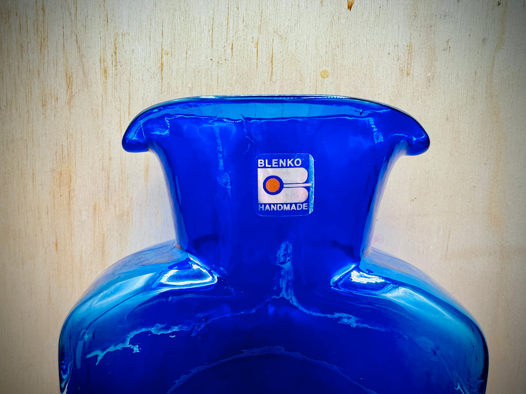 Blenko Cobalt Blue Glass 8" Double Spout Vintage 384 Water Bottle