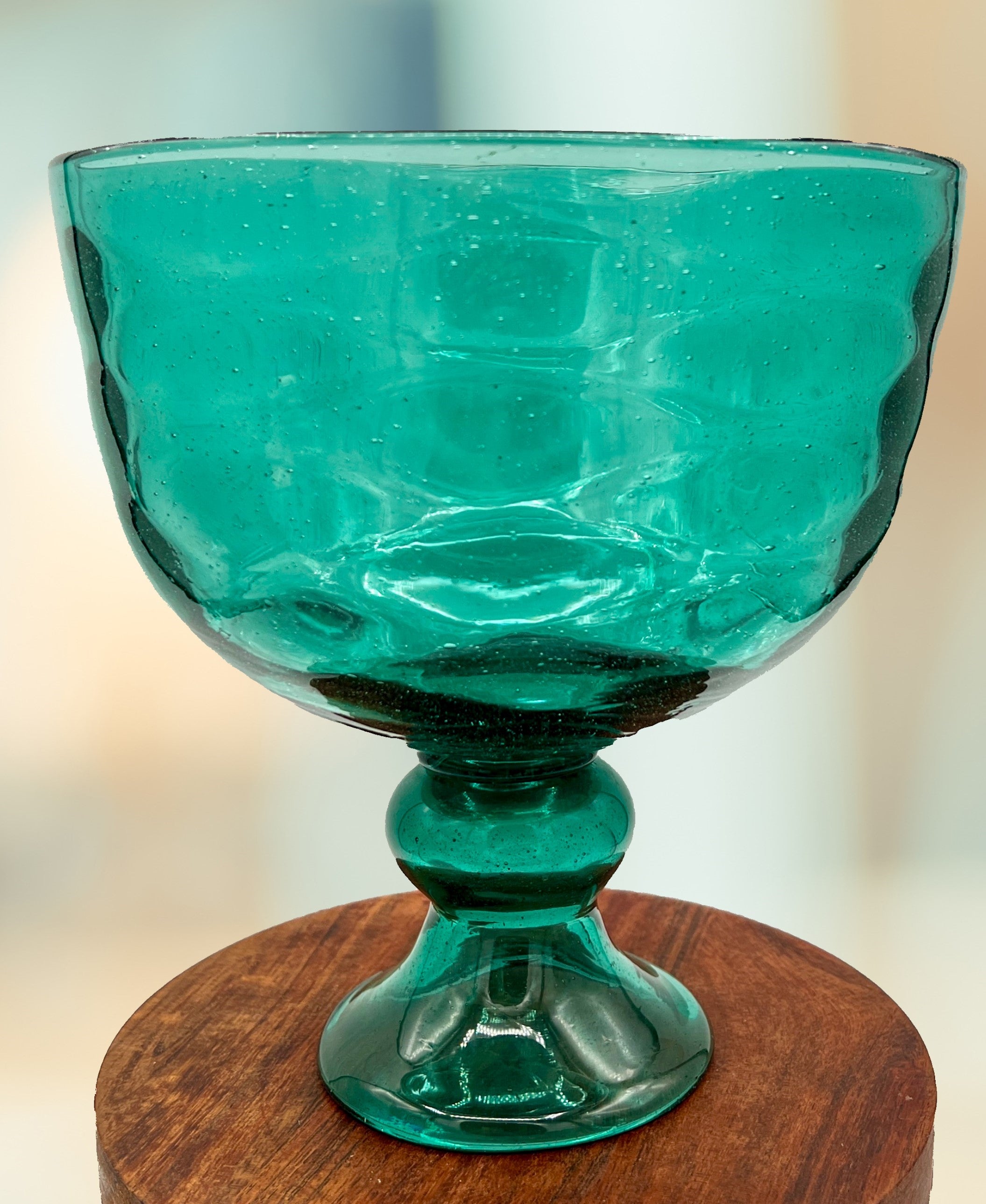 Blenko Pedestal Bowl - 9.5" Handcrafted Aqua Blue Art Glass