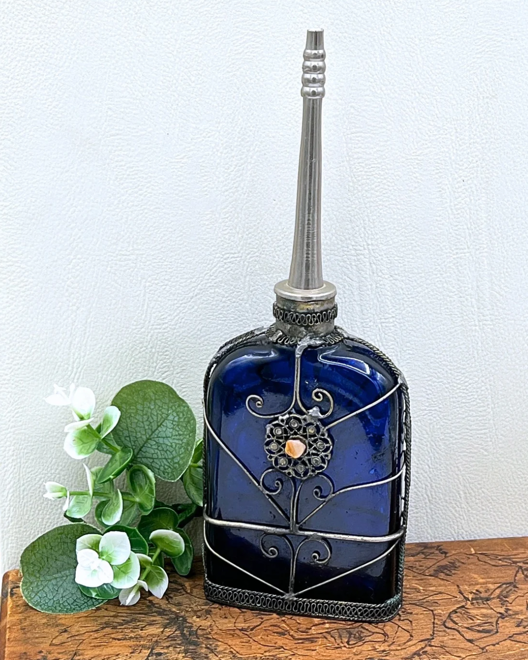 Cobalt Blue Glass Perfume Bottle - Victorian Silver Filigree Overlay