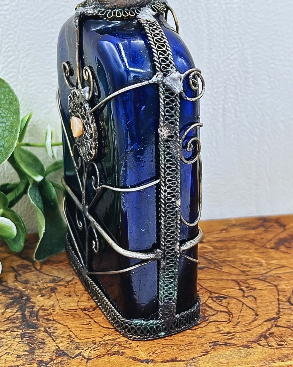Cobalt Blue Glass Perfume Bottle - Victorian Silver Filigree Overlay