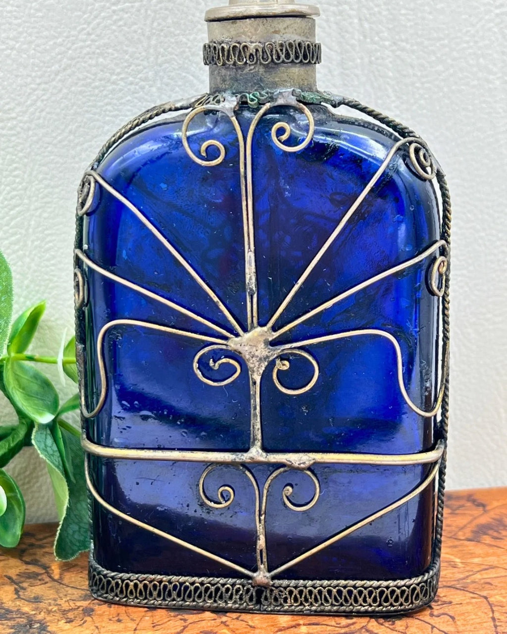 Cobalt Blue Glass Perfume Bottle - Victorian Silver Filigree Overlay