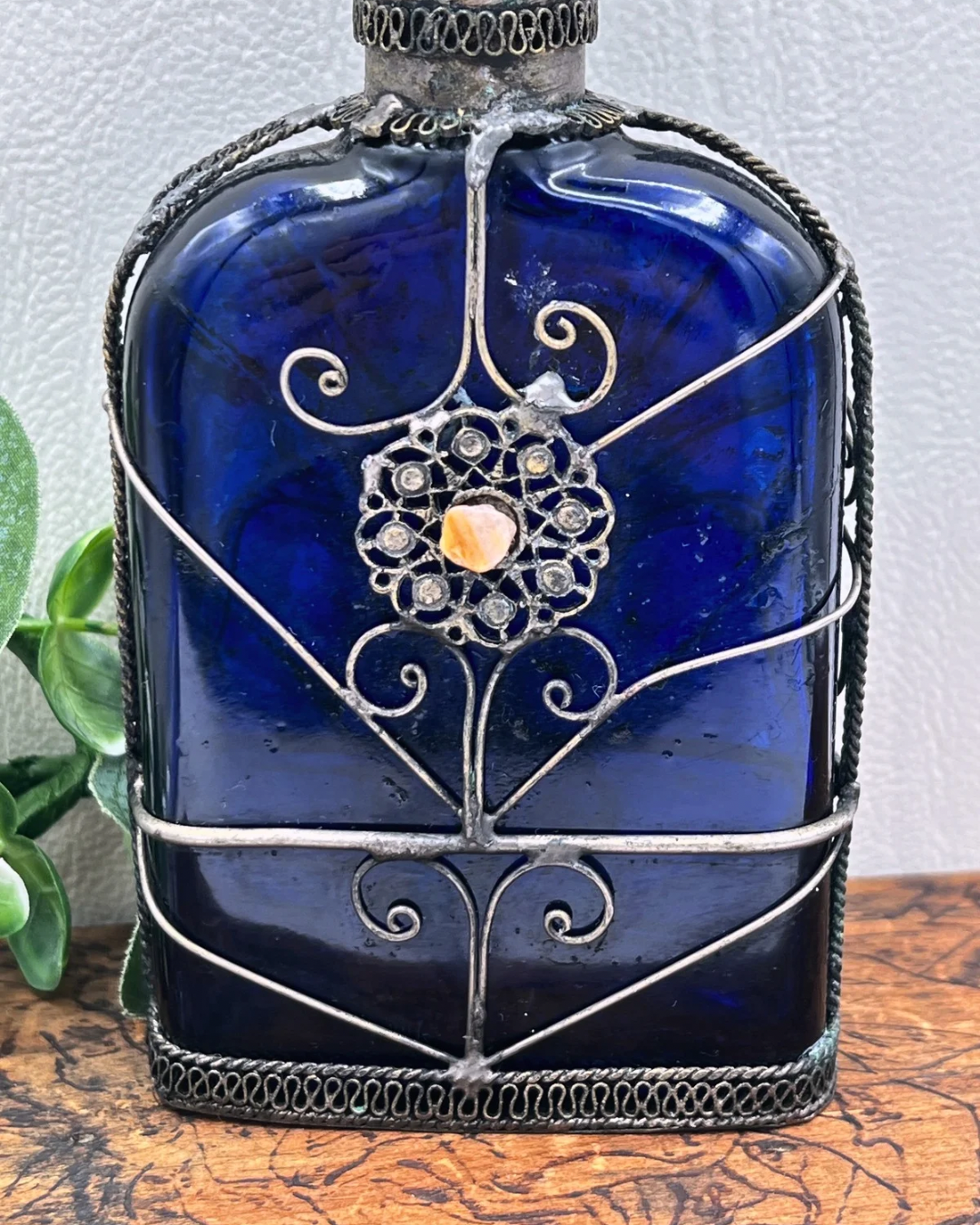 Cobalt Blue Glass Perfume Bottle - Victorian Silver Filigree Overlay