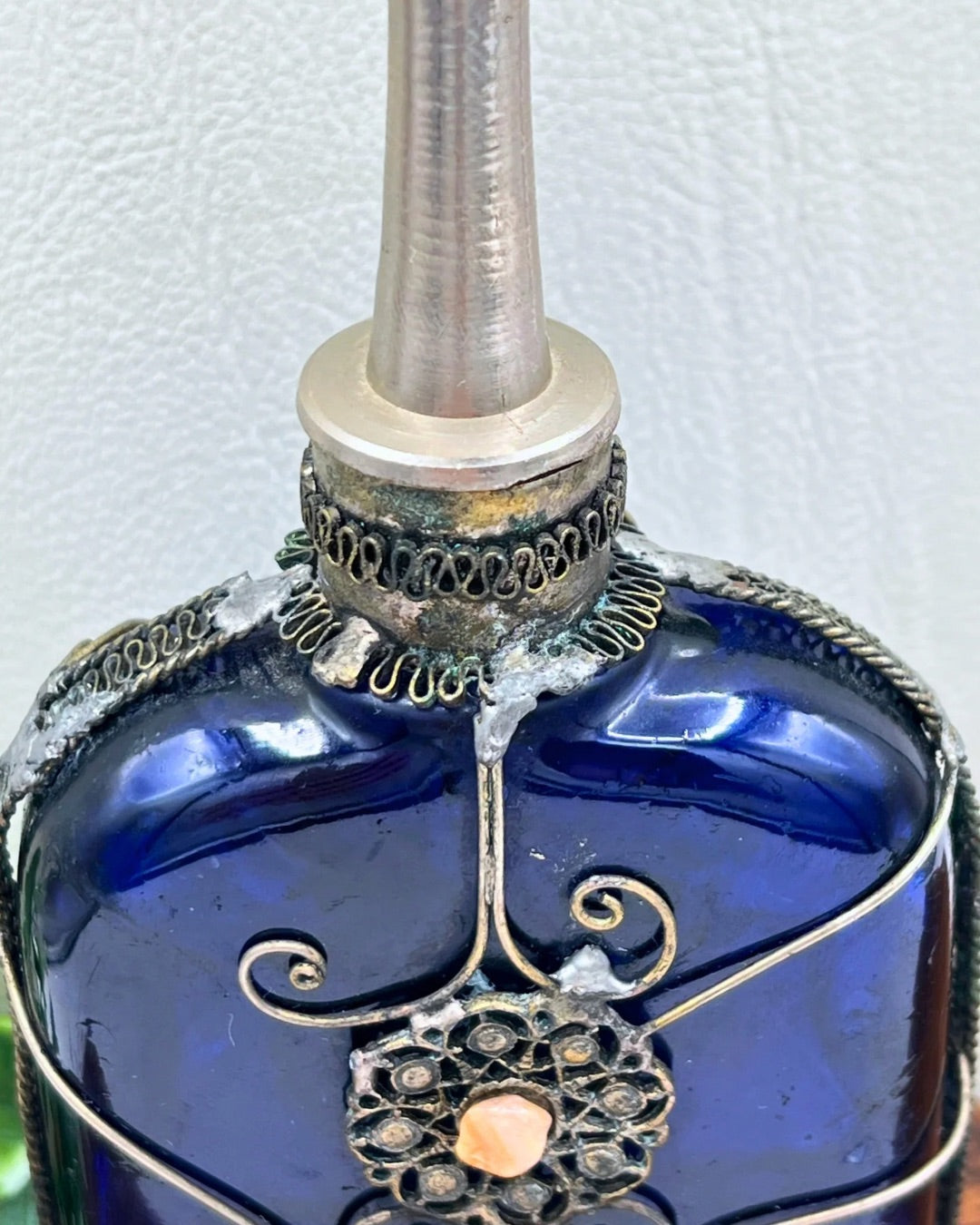 Cobalt Blue Glass Perfume Bottle - Victorian Silver Filigree Overlay