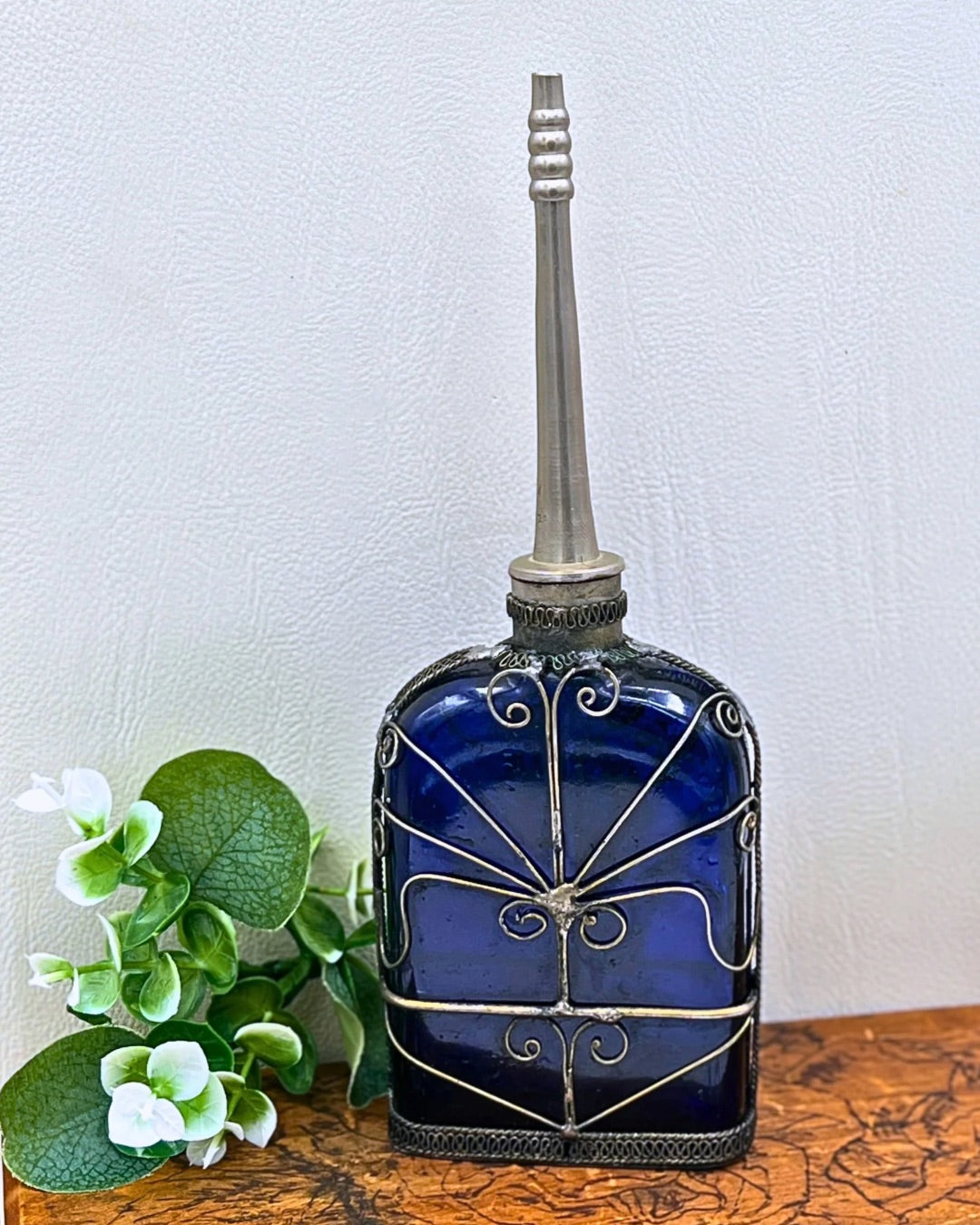 Cobalt Blue Glass Perfume Bottle - Victorian Silver Filigree Overlay