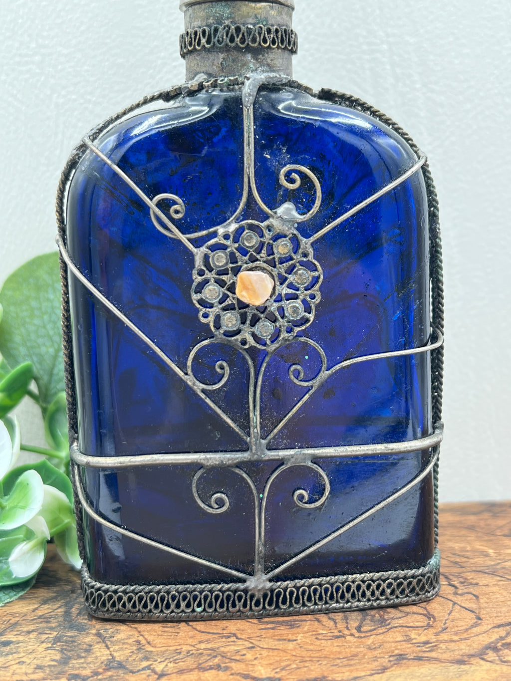 Cobalt Blue Glass Perfume Bottle - Victorian Silver Filigree Overlay