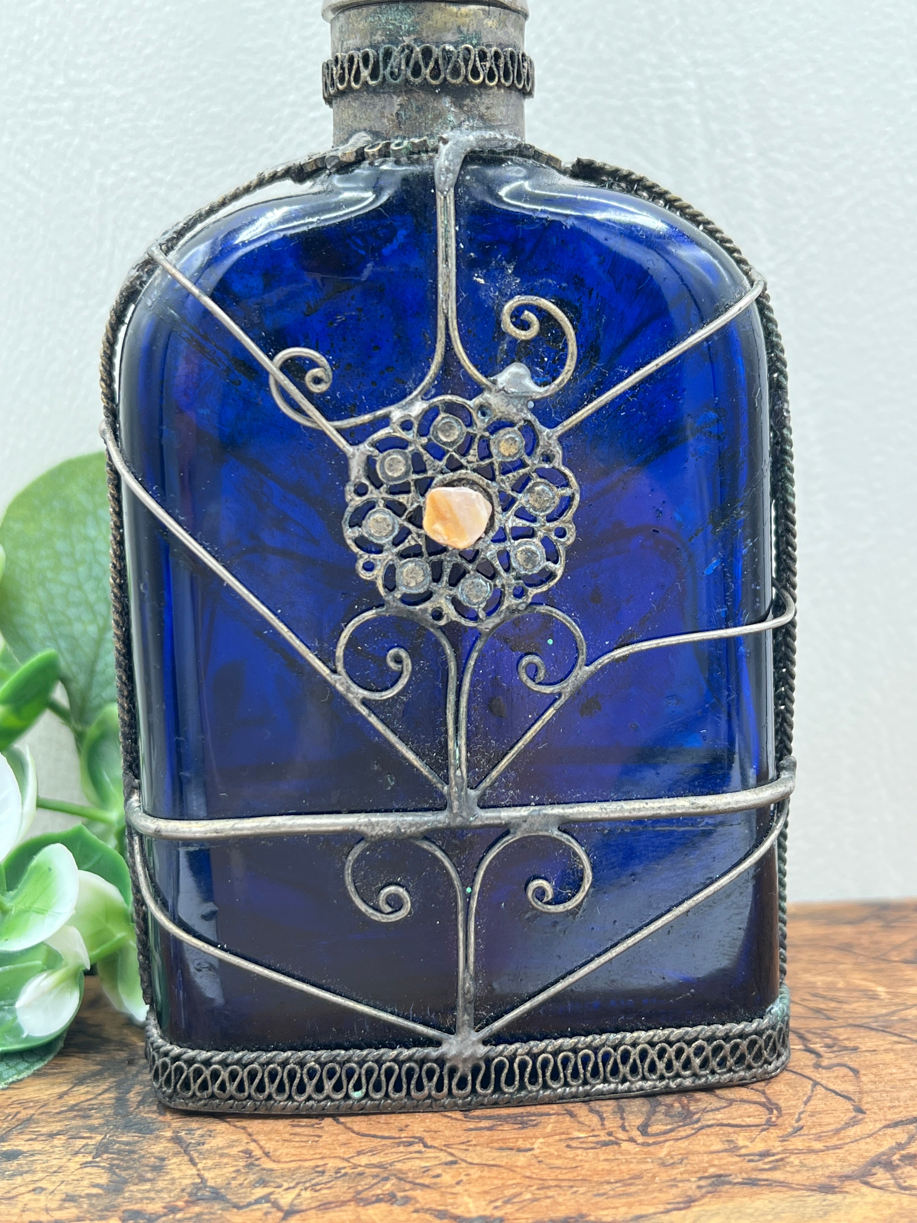 Cobalt Blue Glass Perfume Bottle - Victorian Silver Filigree Overlay