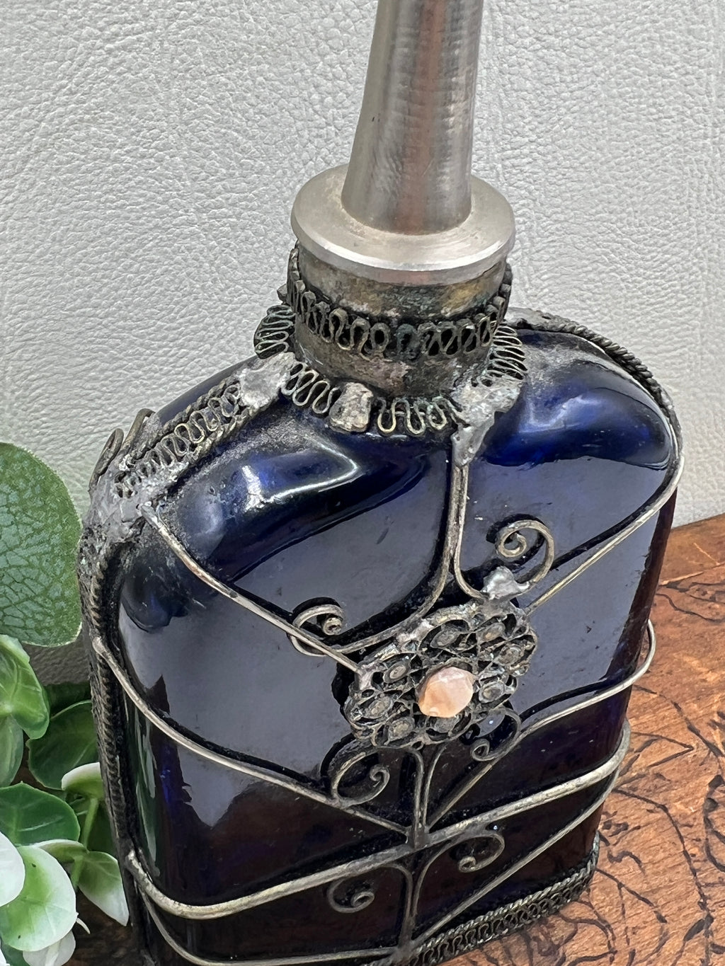 Cobalt Blue Glass Perfume Bottle - Victorian Silver Filigree Overlay