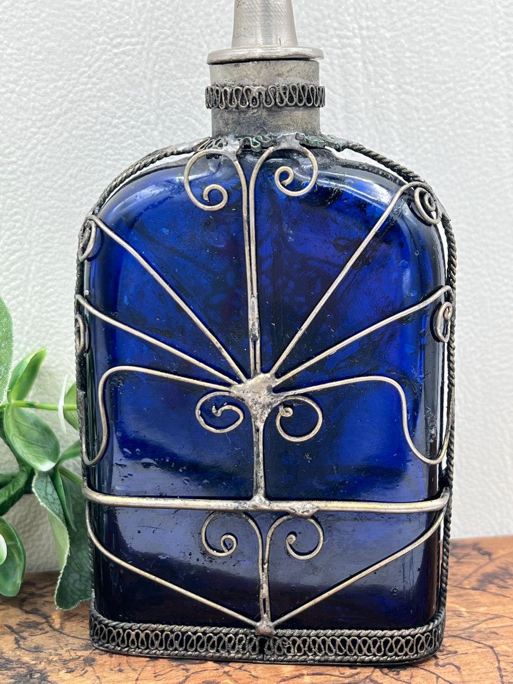 Cobalt Blue Glass Perfume Bottle - Victorian Silver Filigree Overlay
