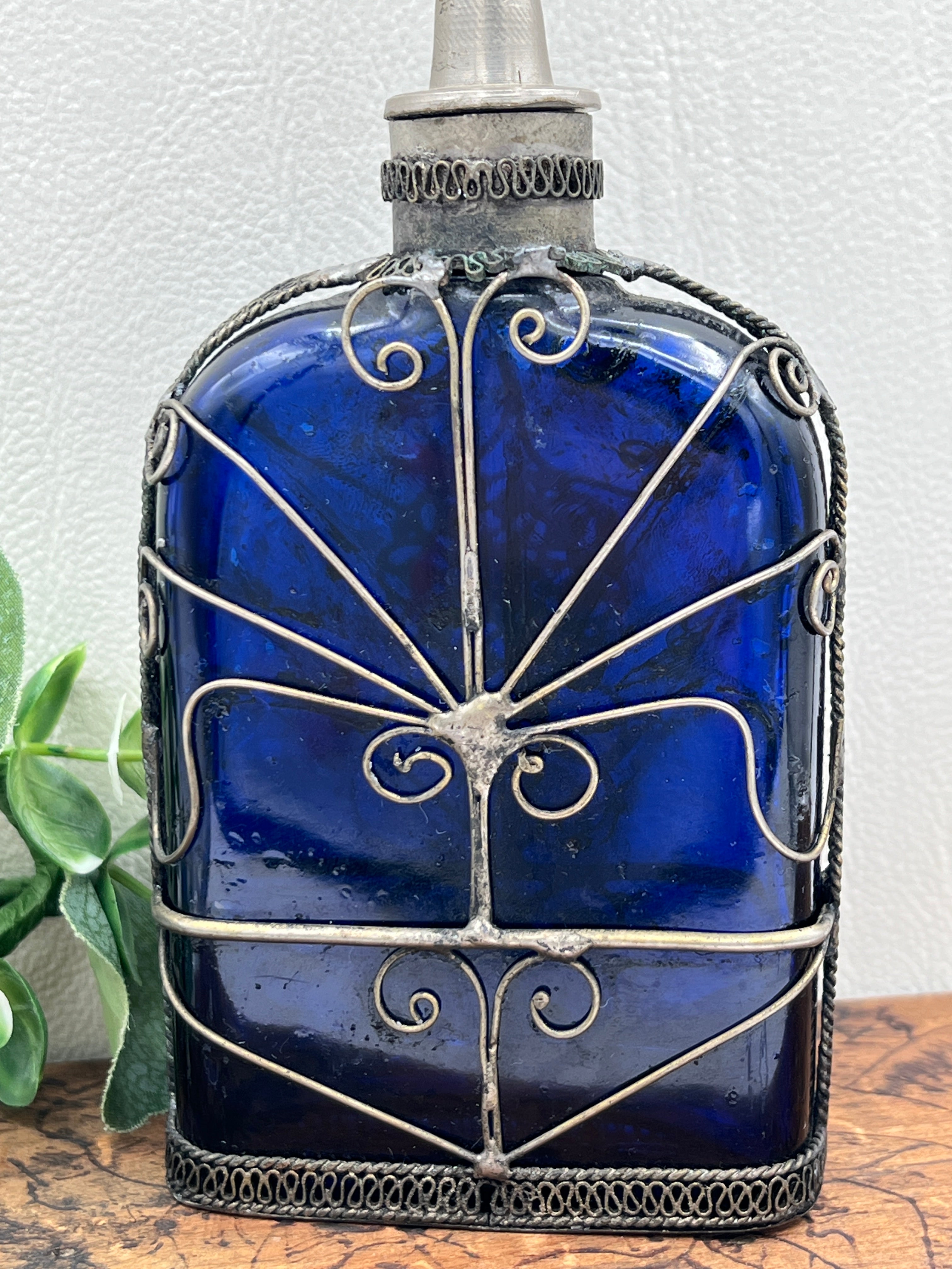 Cobalt Blue Glass Perfume Bottle - Victorian Silver Filigree Overlay
