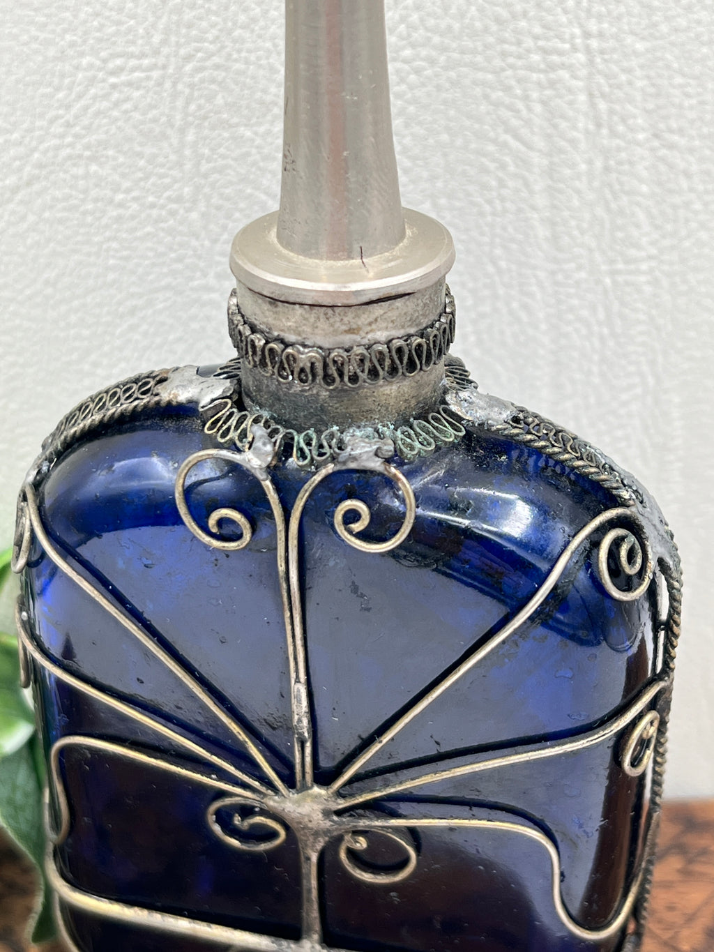 Cobalt Blue Glass Perfume Bottle - Victorian Silver Filigree Overlay