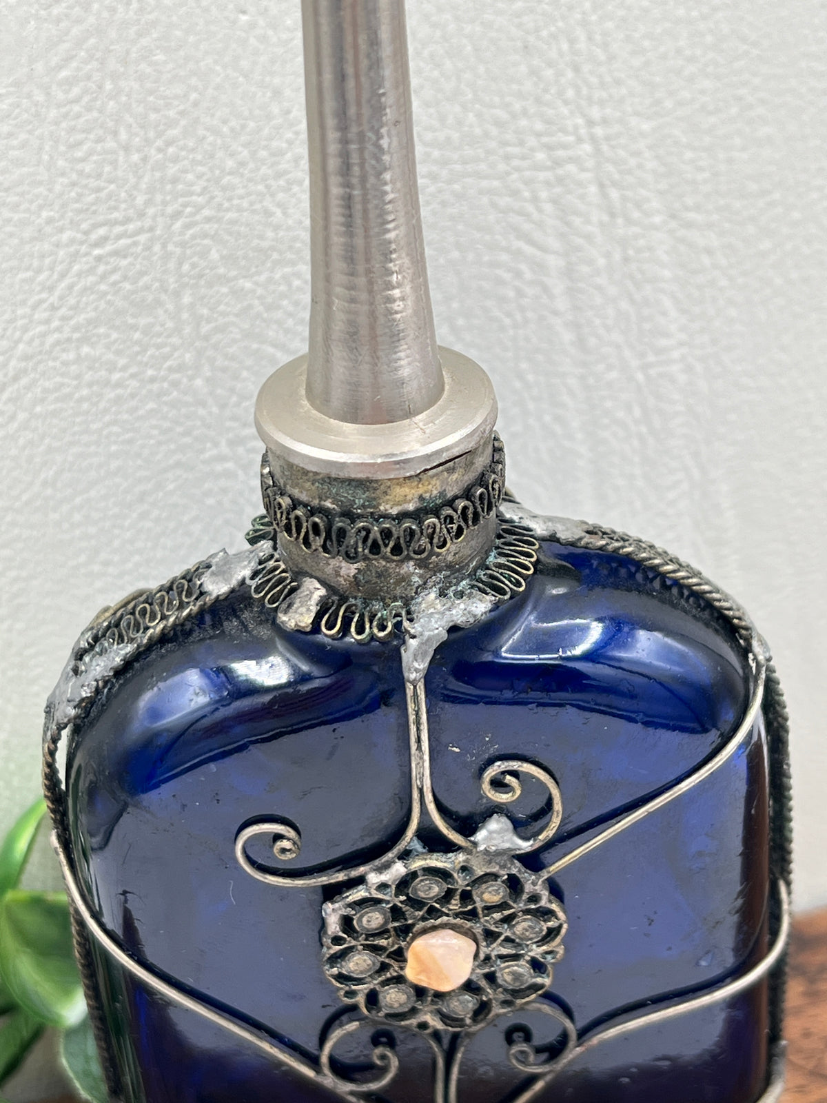 Cobalt Blue Glass Perfume Bottle - Victorian Silver Filigree Overlay