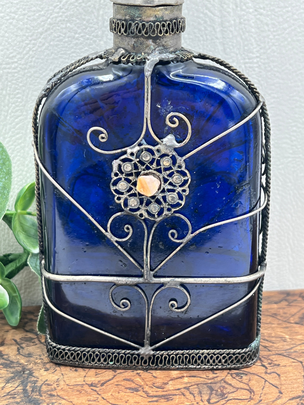 Cobalt Blue Glass Perfume Bottle - Victorian Silver Filigree Overlay