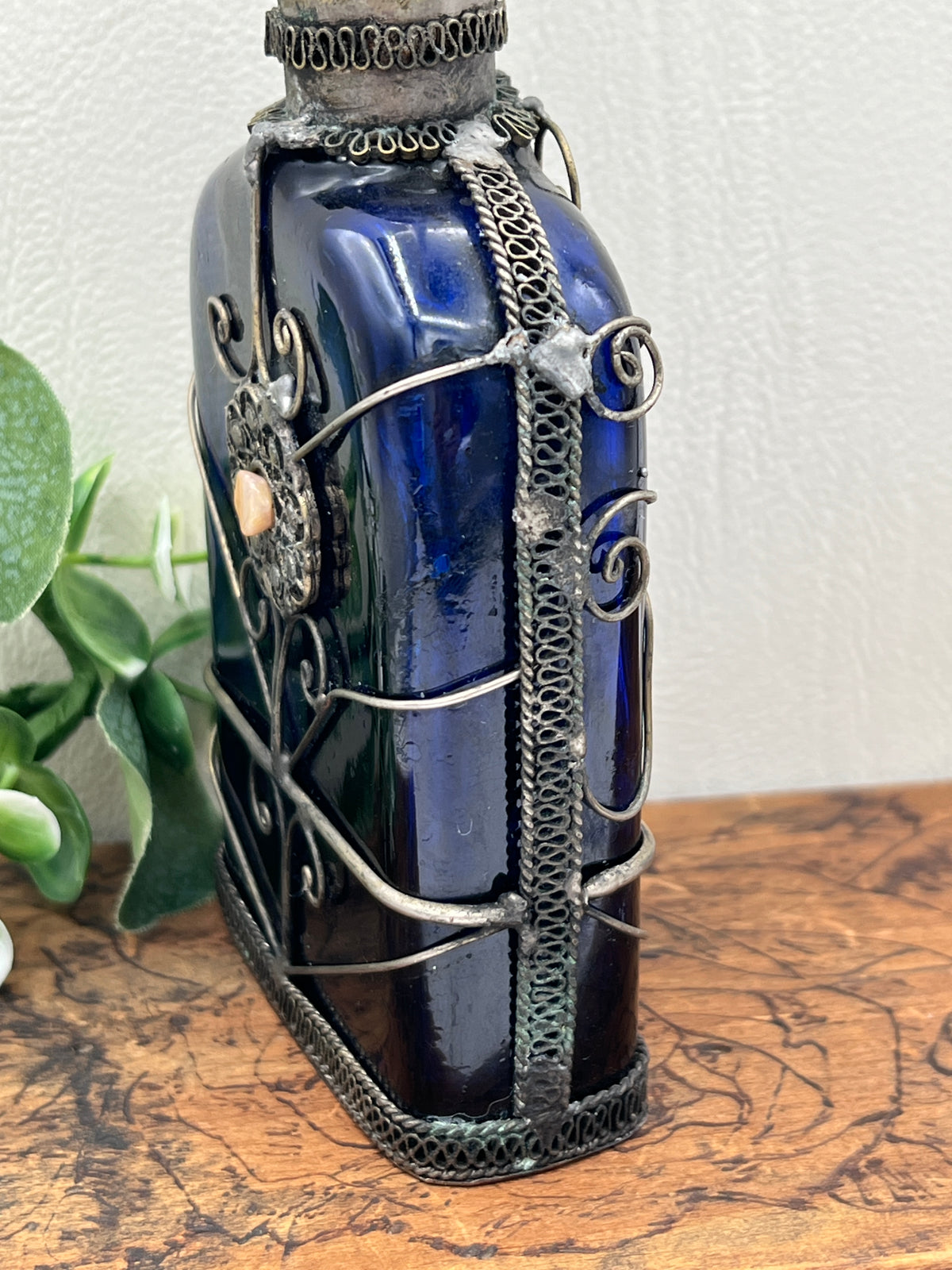 Cobalt Blue Glass Perfume Bottle - Victorian Silver Filigree Overlay