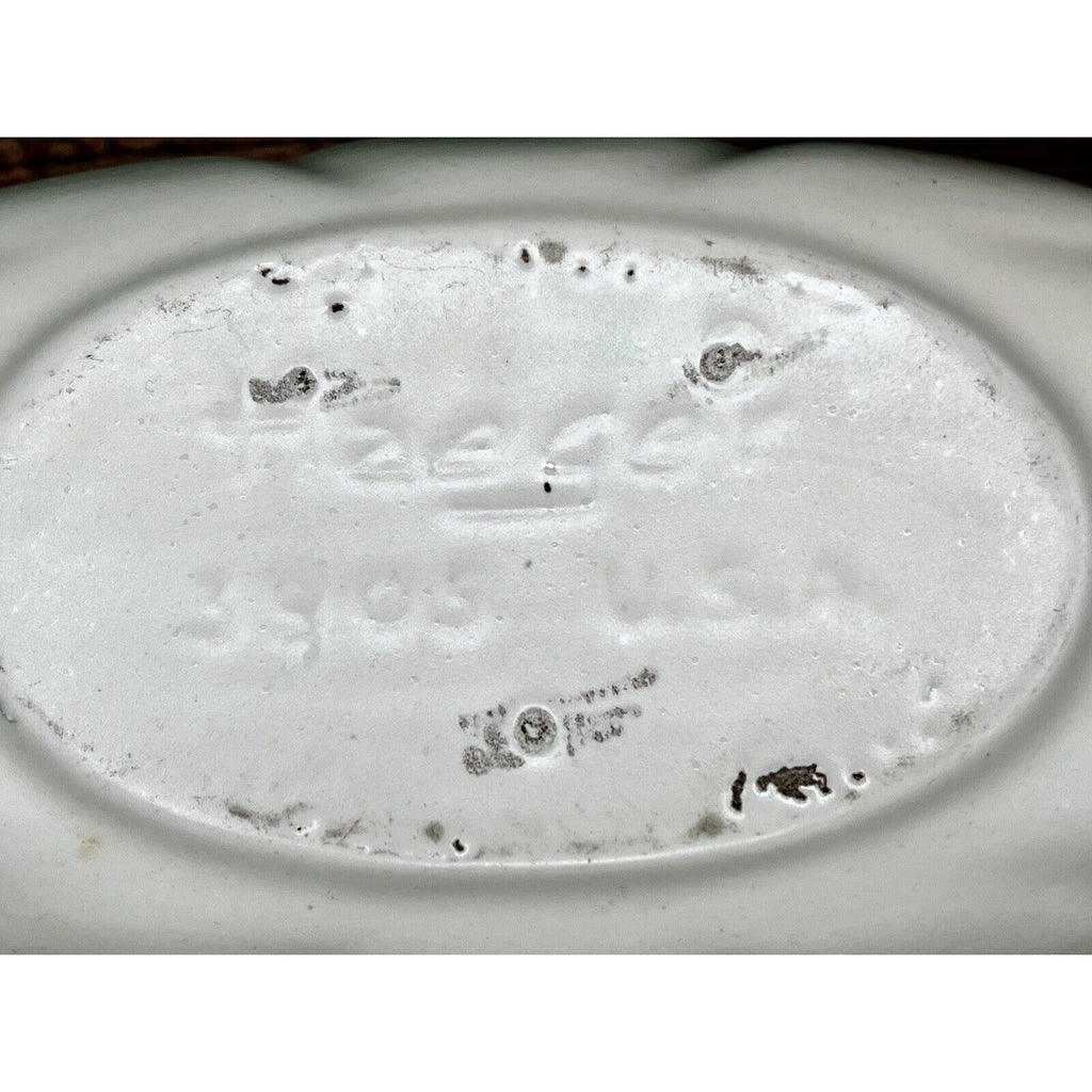 Underside of white Haeger 3905 oblong ceramic bowl with impressed backstamp.
