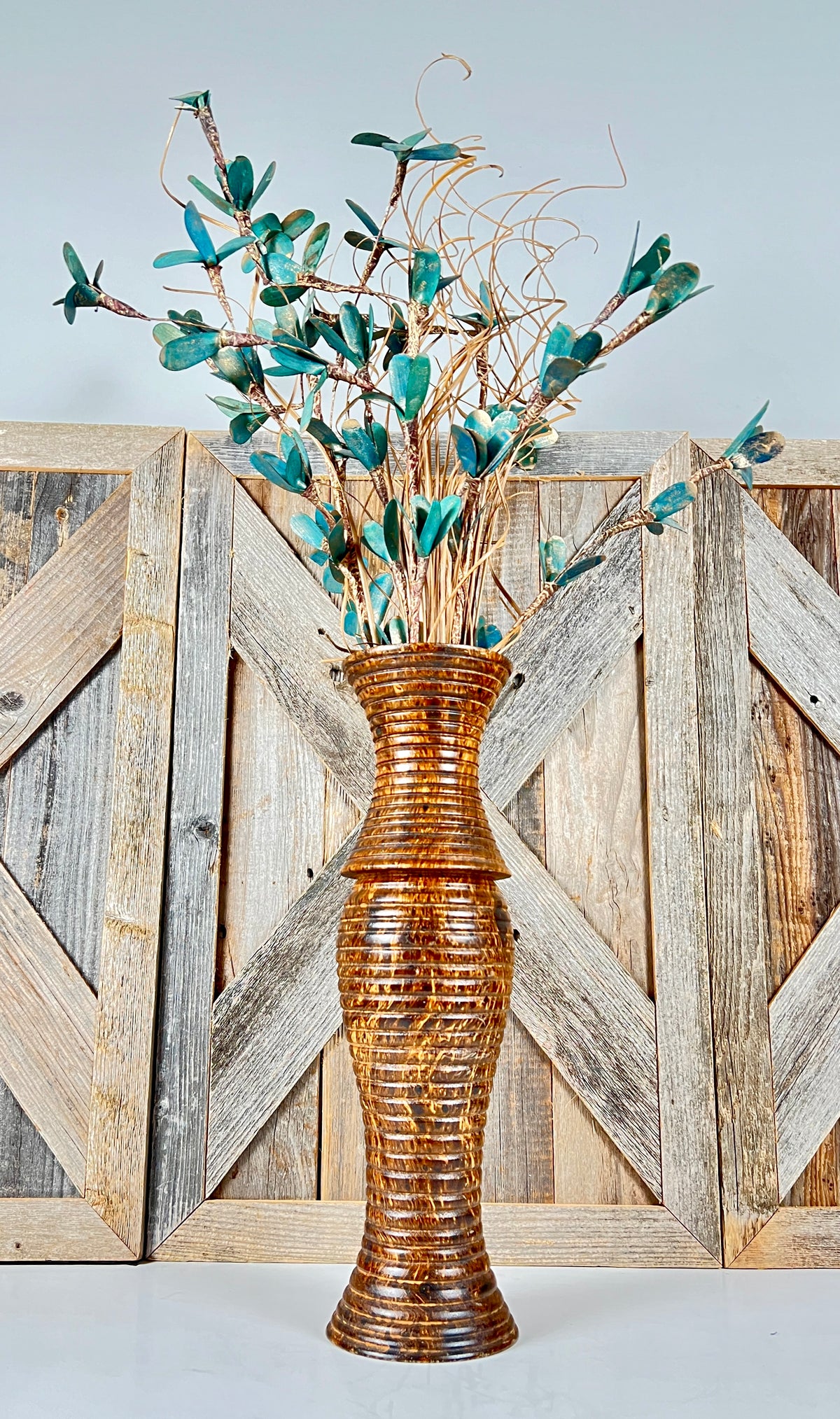 Carved Wood Vase w/ Teal Florals