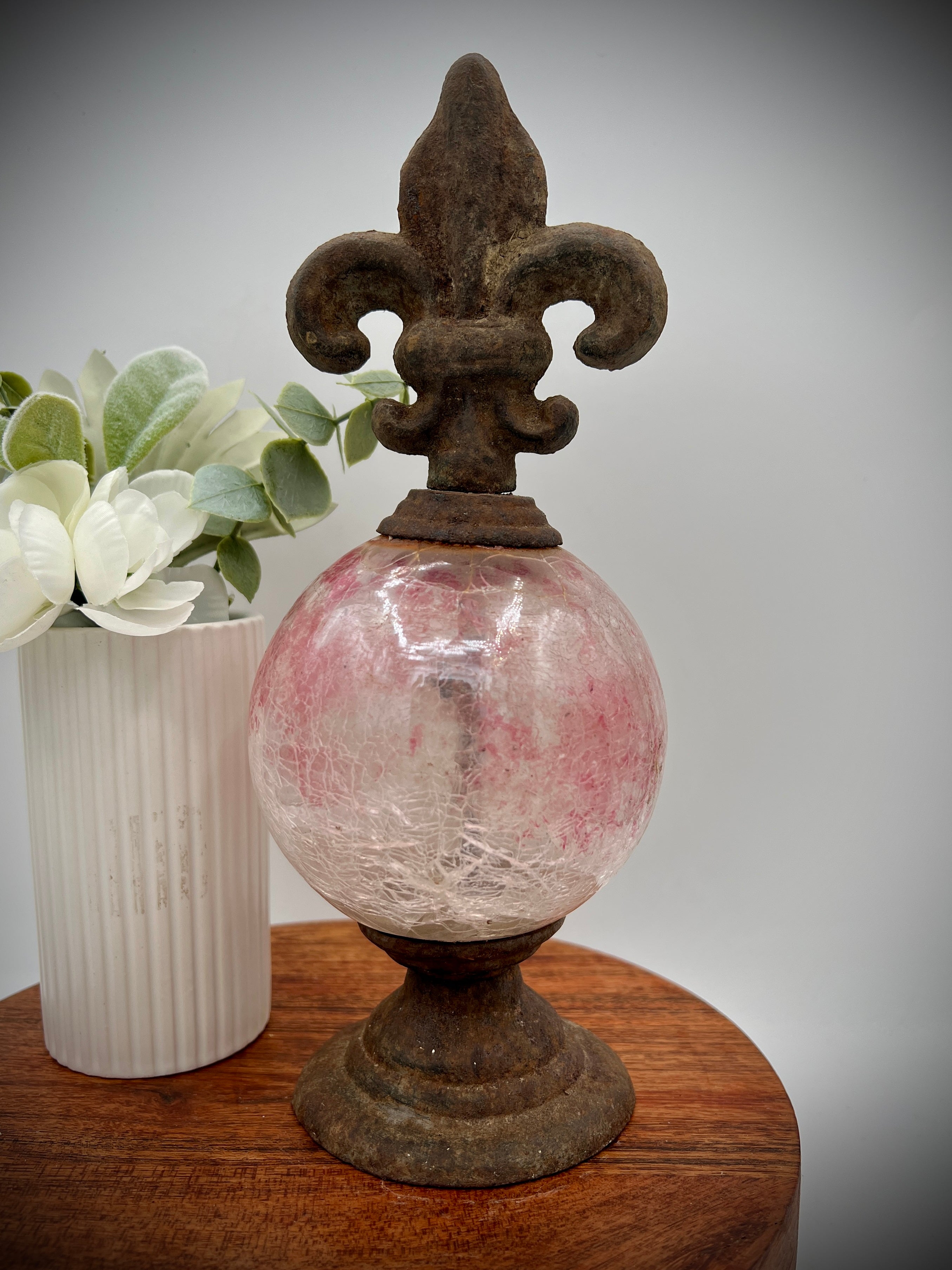 Cast Iron Pink Crackle Glass Orb