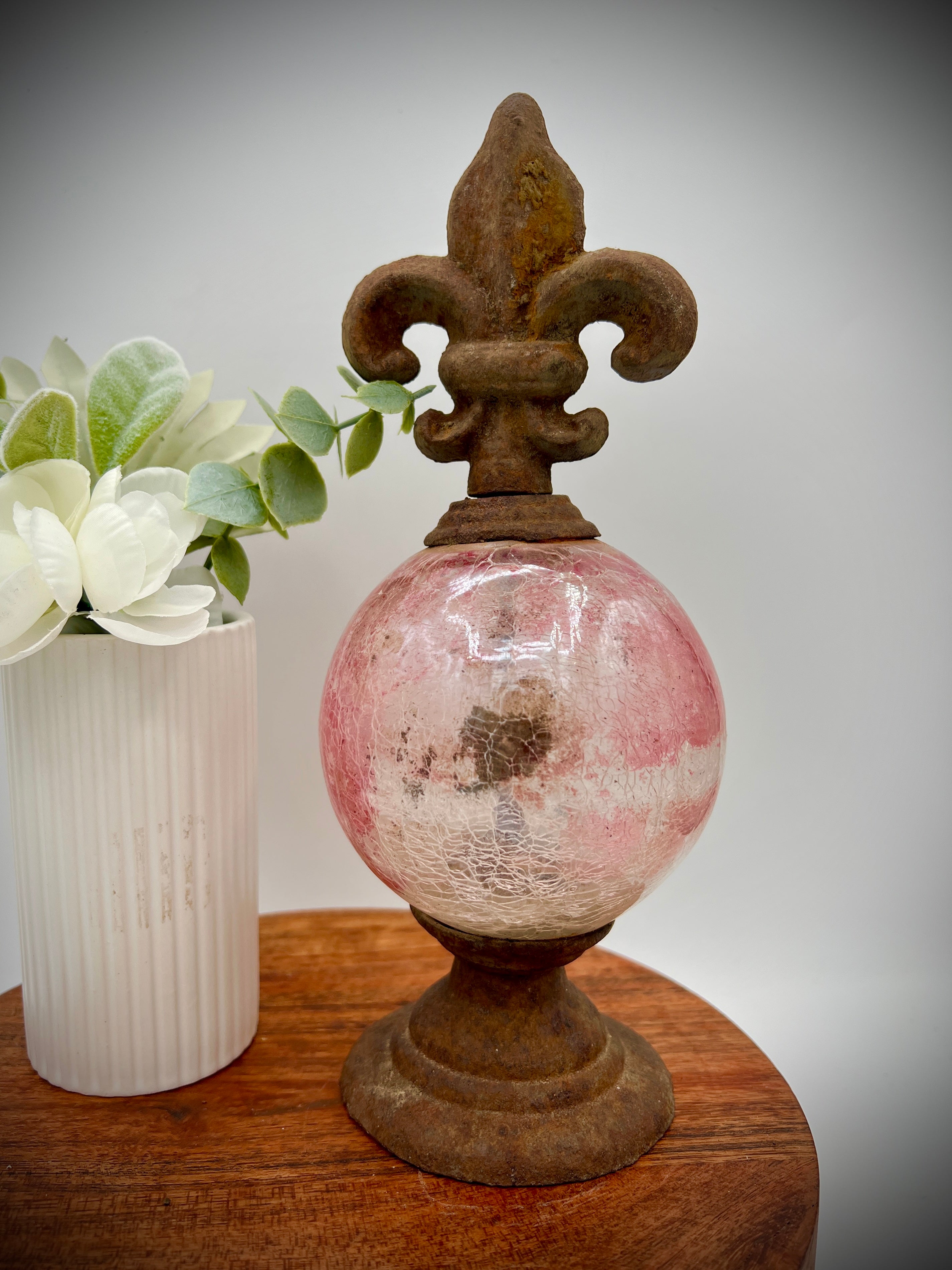 Cast Iron Pink Crackle Glass Orb