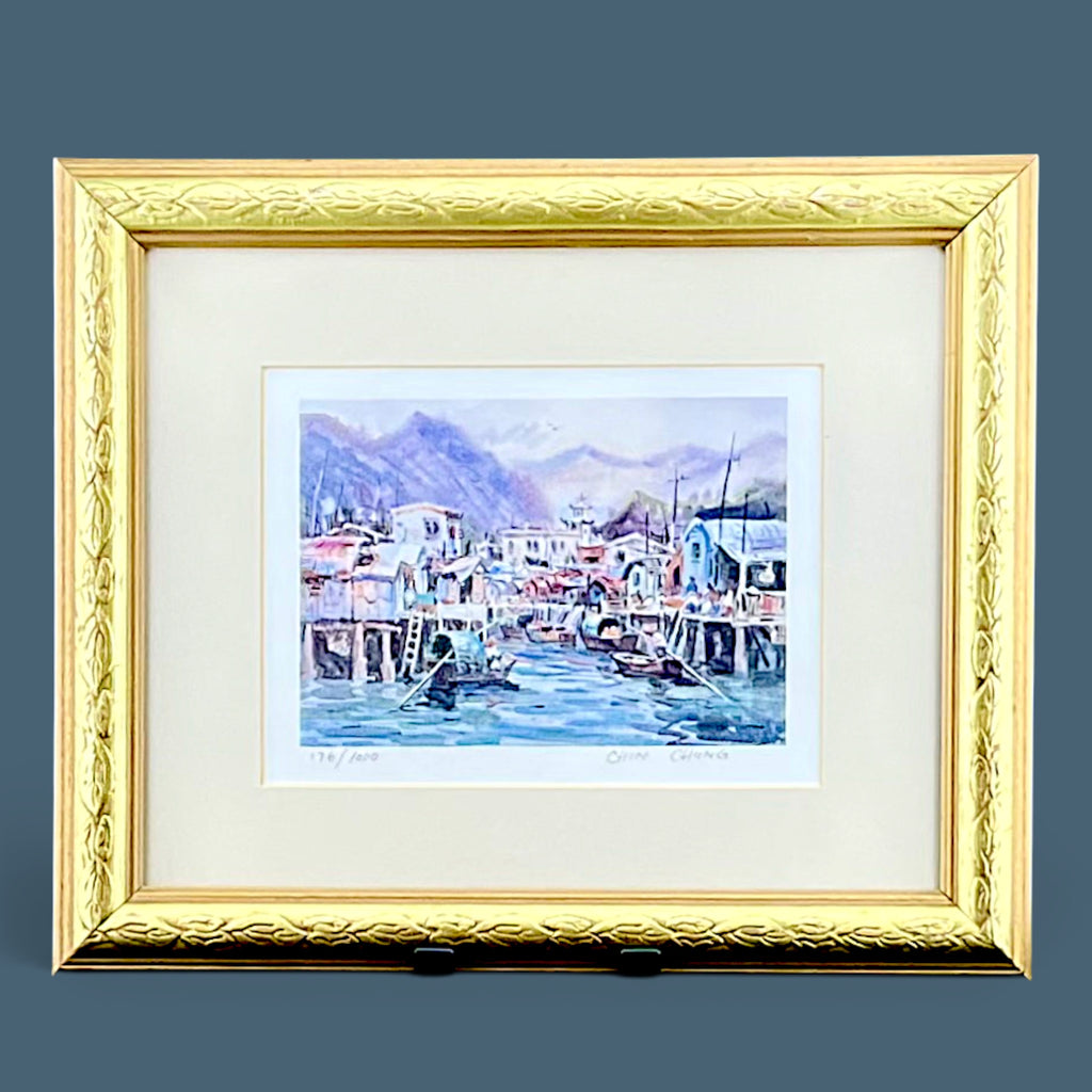 Framed and matted limited edition print by Chin Chung showing a watercolor style harbor scene with stilt houses. - Photo 1